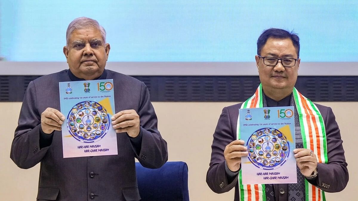 <div class="paragraphs"><p>VP Jagdeep Dhankhar along with Union Minister of Earth Sciences Kiren Rijiju releases a souvenir during the inaugural ceremony of celebrations marking 150 years of the India Meteorological Department (IMD), in New Delhi.</p></div>