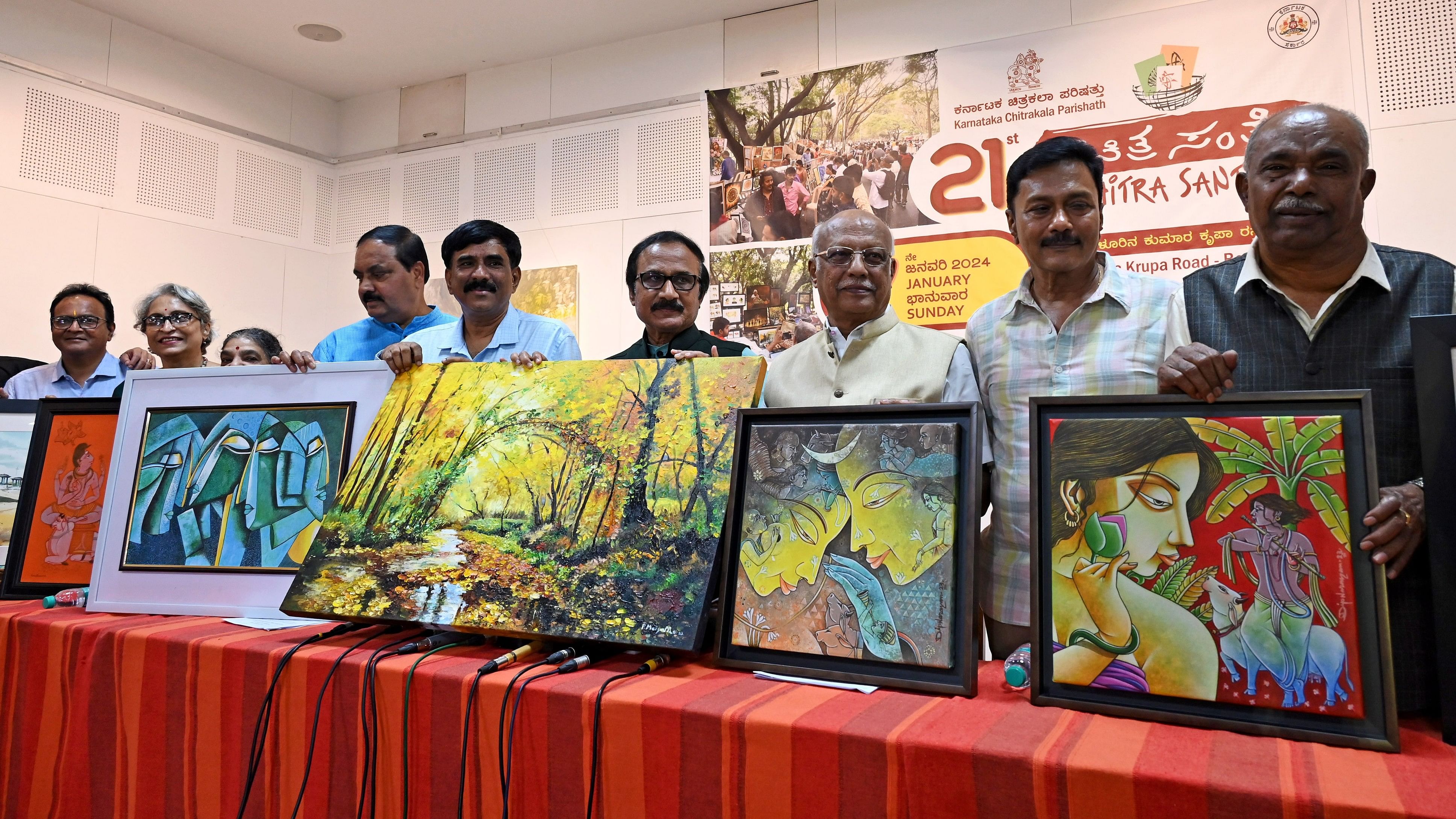 <div class="paragraphs"><p>A few paintings were displayed during a press meet at the Karnataka Chitrakala Parishath on Tuesday. </p></div>