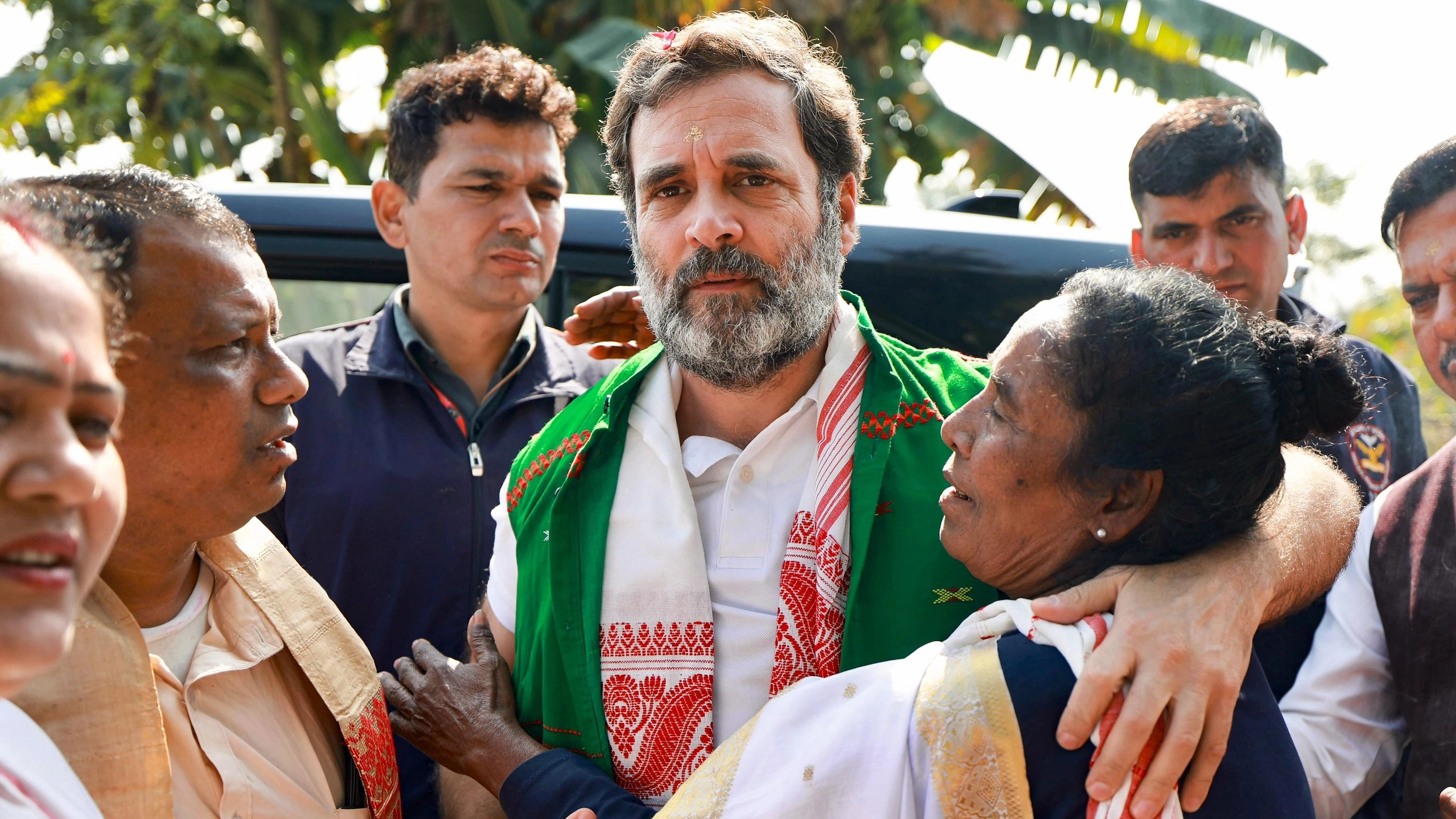 <div class="paragraphs"><p> Congress leader Rahul Gandhi with supporters at the Sri Sri Auniati Satra during the Bharat Jodo Nyay Yatra in Majuli, Friday, Jan. 19, 2024.</p></div>