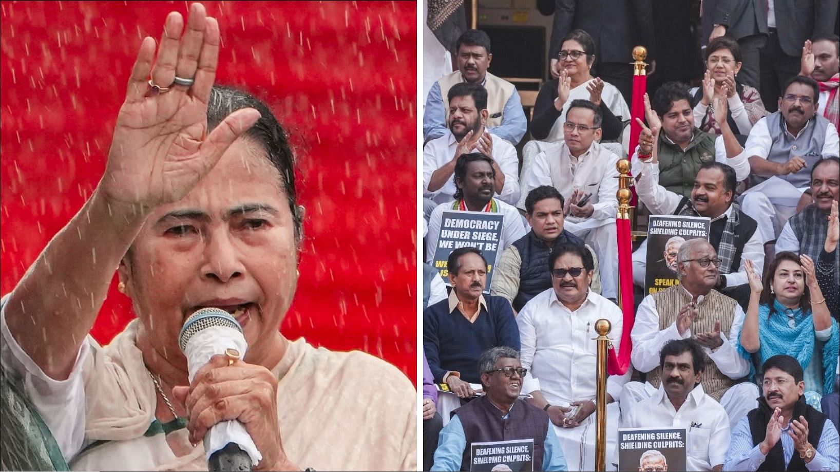 <div class="paragraphs"><p>(Left) West Bengal Chief Minister Mamata Banerjee. (Right) Suspended opposition MPs protesting during the Winter session of Parliament, in New Delhi.</p></div>