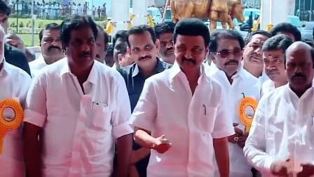 <div class="paragraphs"><p>screengrab of Tamil Nadu Chief Minister M K Stalin while inaugurating the stadium.</p></div>