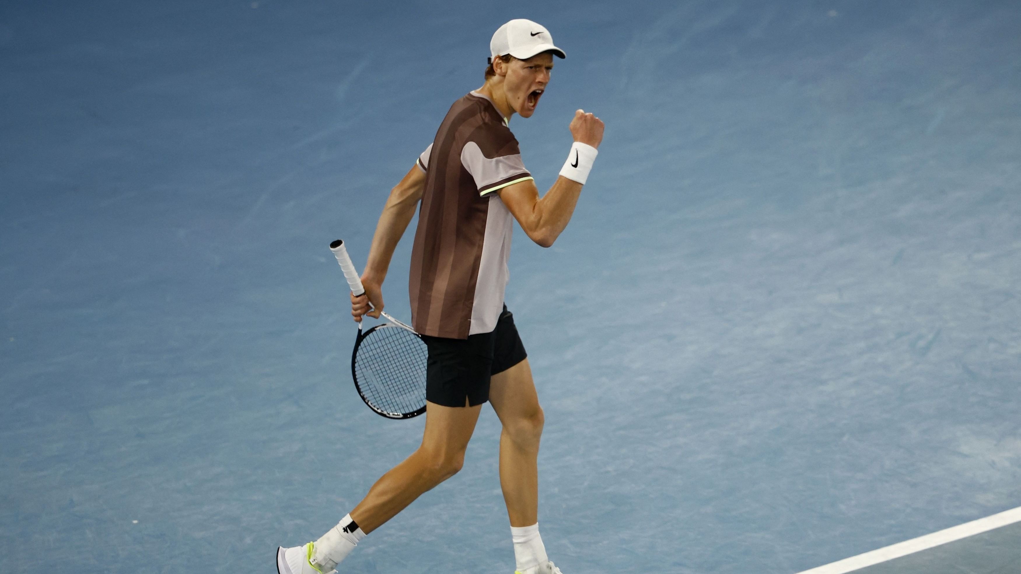 <div class="paragraphs"><p>Jannik Sinner reacts after beating Andrey Rublev.</p></div>