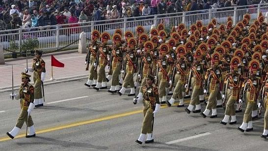 <div class="paragraphs"><p>BSF contingent marches past during the full dress rehearsal for the Republic Day Parade 2024 at the Kartavya Path, in New Delhi.</p></div>