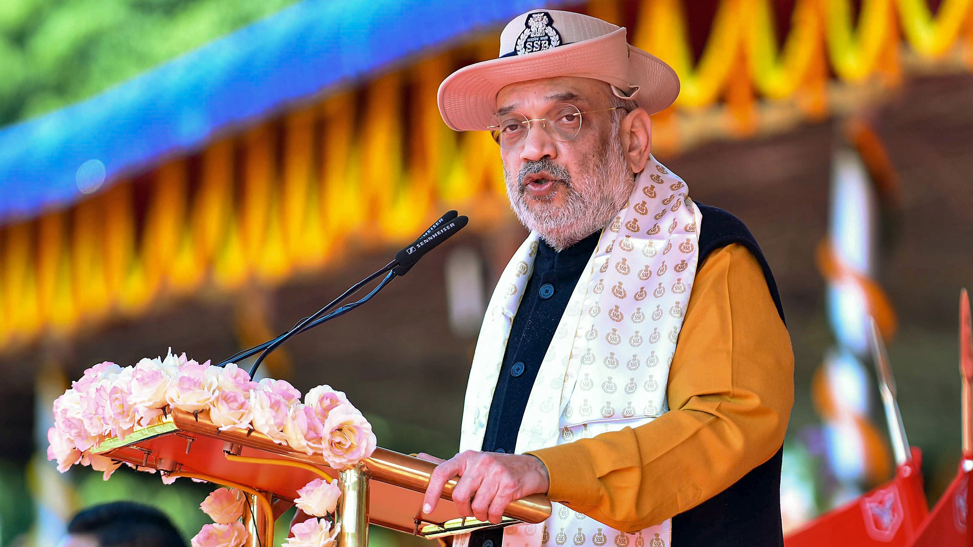 <div class="paragraphs"><p>Tezpur: Union Home Minister Amit Shah speaks during the 60th Raising Day ceremony of Sashastra Seema Bal (SSB), in Tezpur, Saturday, Jan. 20, 2024. </p></div>