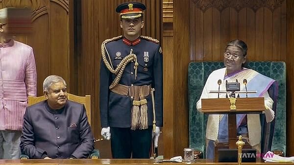 <div class="paragraphs"><p>President Droupadi Murmu addresses the joint sitting of Parliament on the opening day of the Budget session, in New Delhi on Wednesday.</p></div>