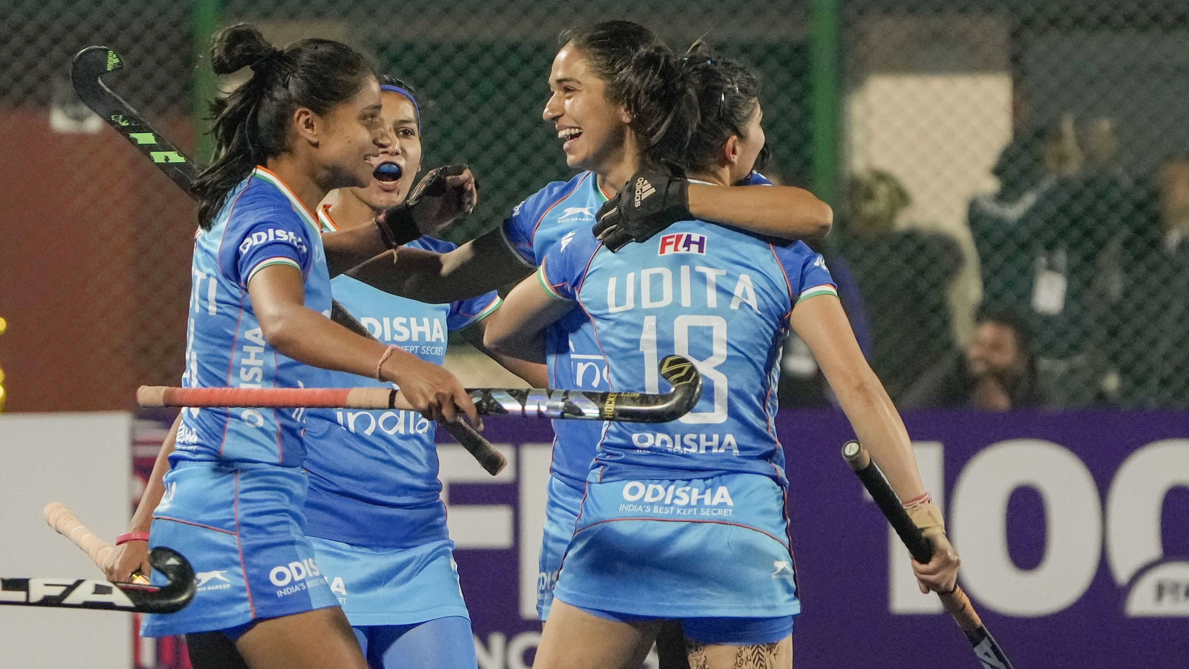 <div class="paragraphs"><p>India's Udita celebrates with team-mates after scoring against New Zealand.</p></div>