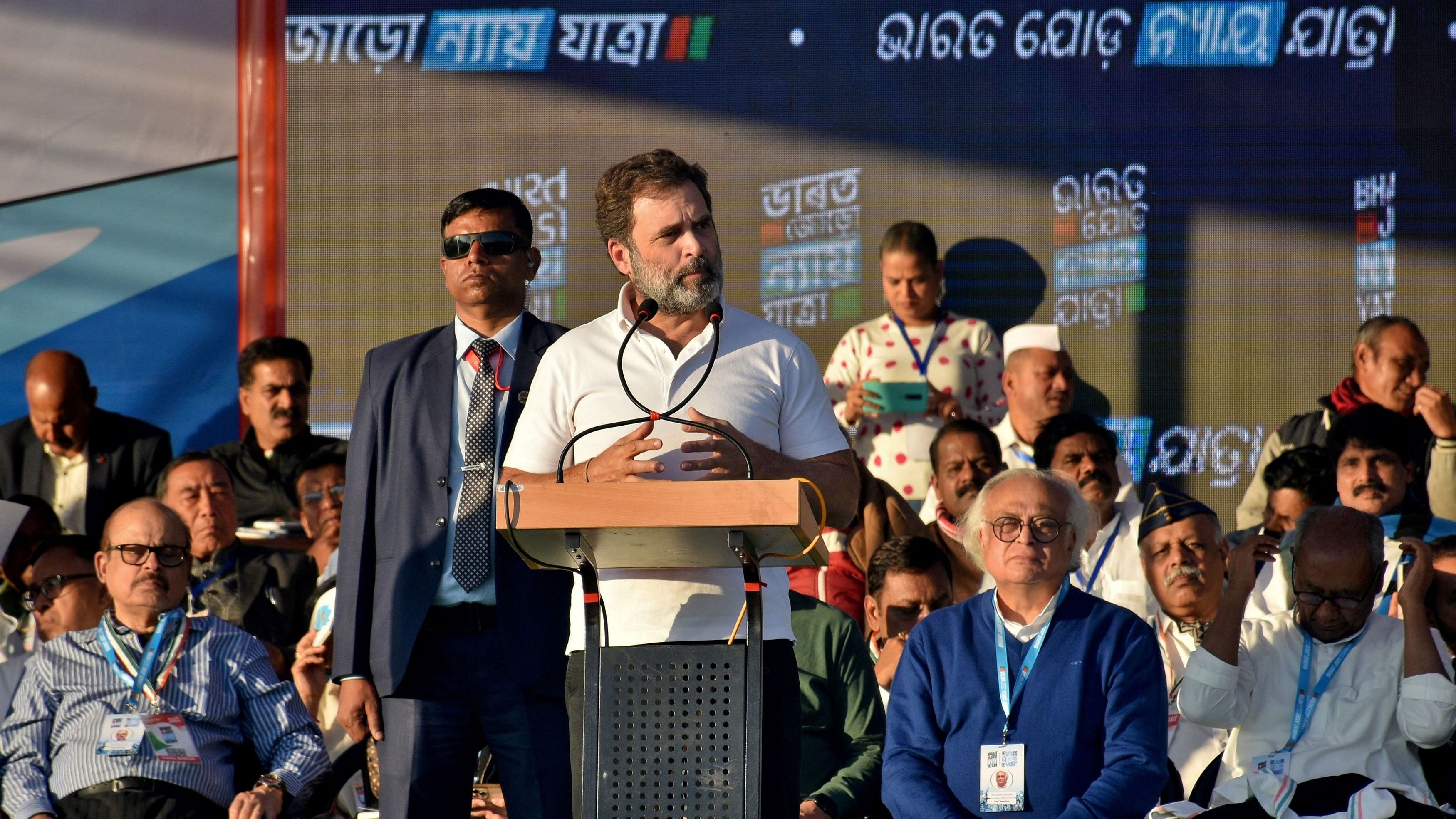 <div class="paragraphs"><p>Rahul Gandhi, a leader of India's main opposition Congress party, addresses his party's supporters during the first day of his 66-day long Bharat Jodo Nyay Yatra, in Thoubal district of the northeastern state of Manipur, India, January 14, 2024.</p></div>