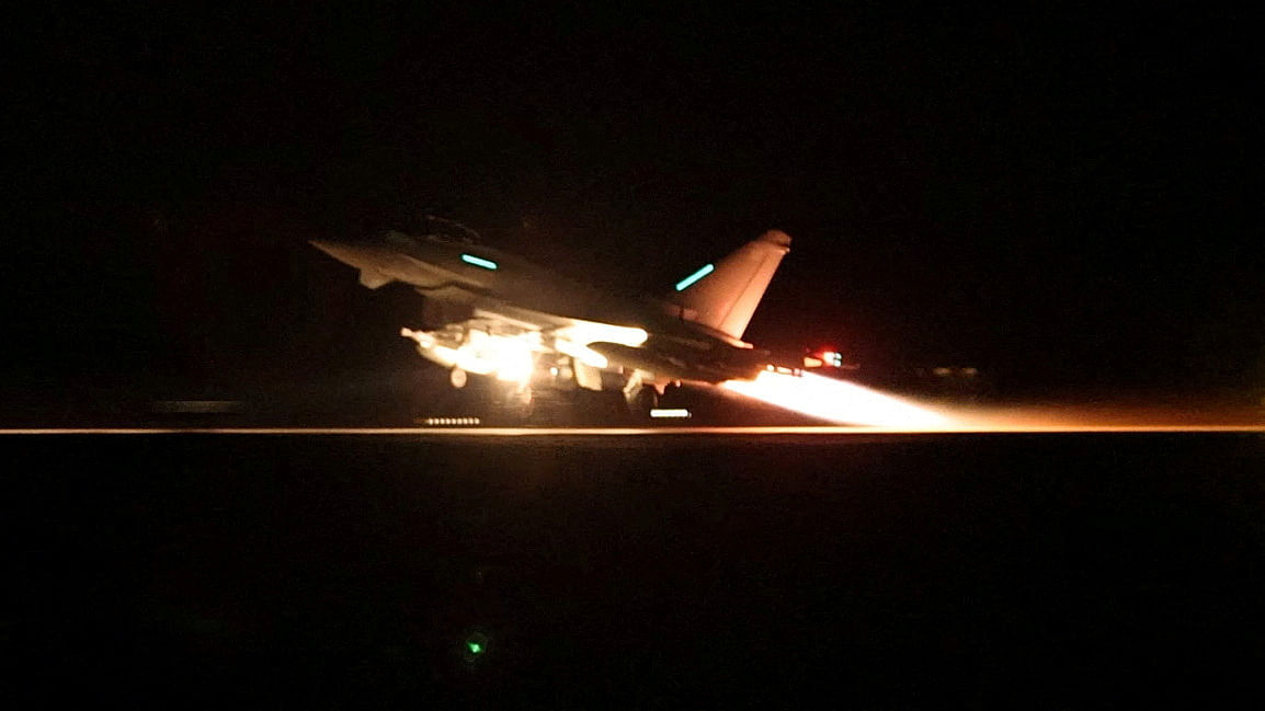 <div class="paragraphs"><p>An RAF Typhoon aircraft takes off to join the U.S.-led coalition from RAF Akrotiri to conduct air strikes against military targets in Yemen, aimed at the Iran-backed Houthi militia that has been targeting international shipping in the Red Sea, in Cyprus, in this handout picture released on January 12, 2024.  </p></div>