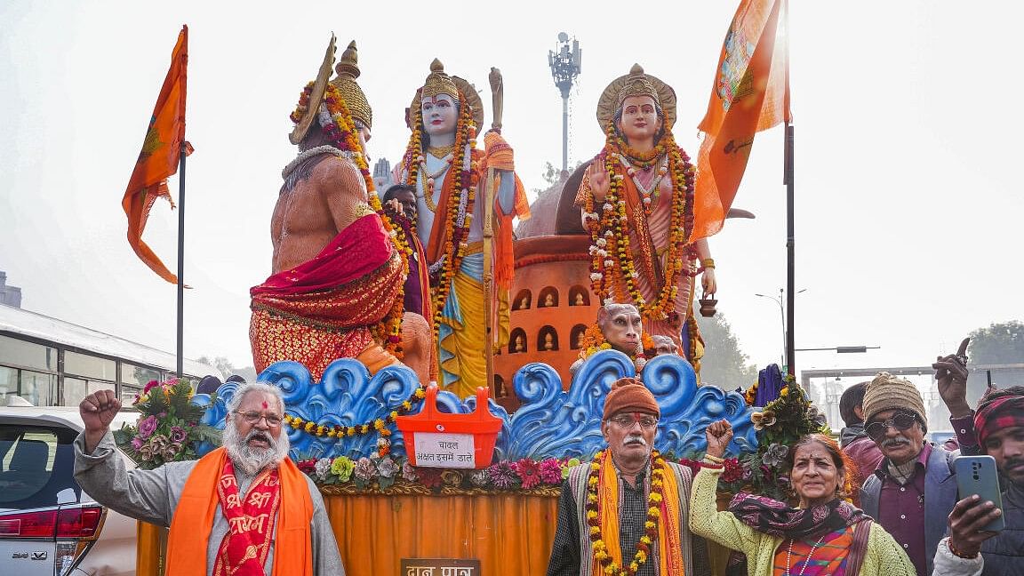 <div class="paragraphs"><p>Devotees take part in a 'padyatra', in UP ahead of Ram temple consecration ceremony.&nbsp;</p></div>