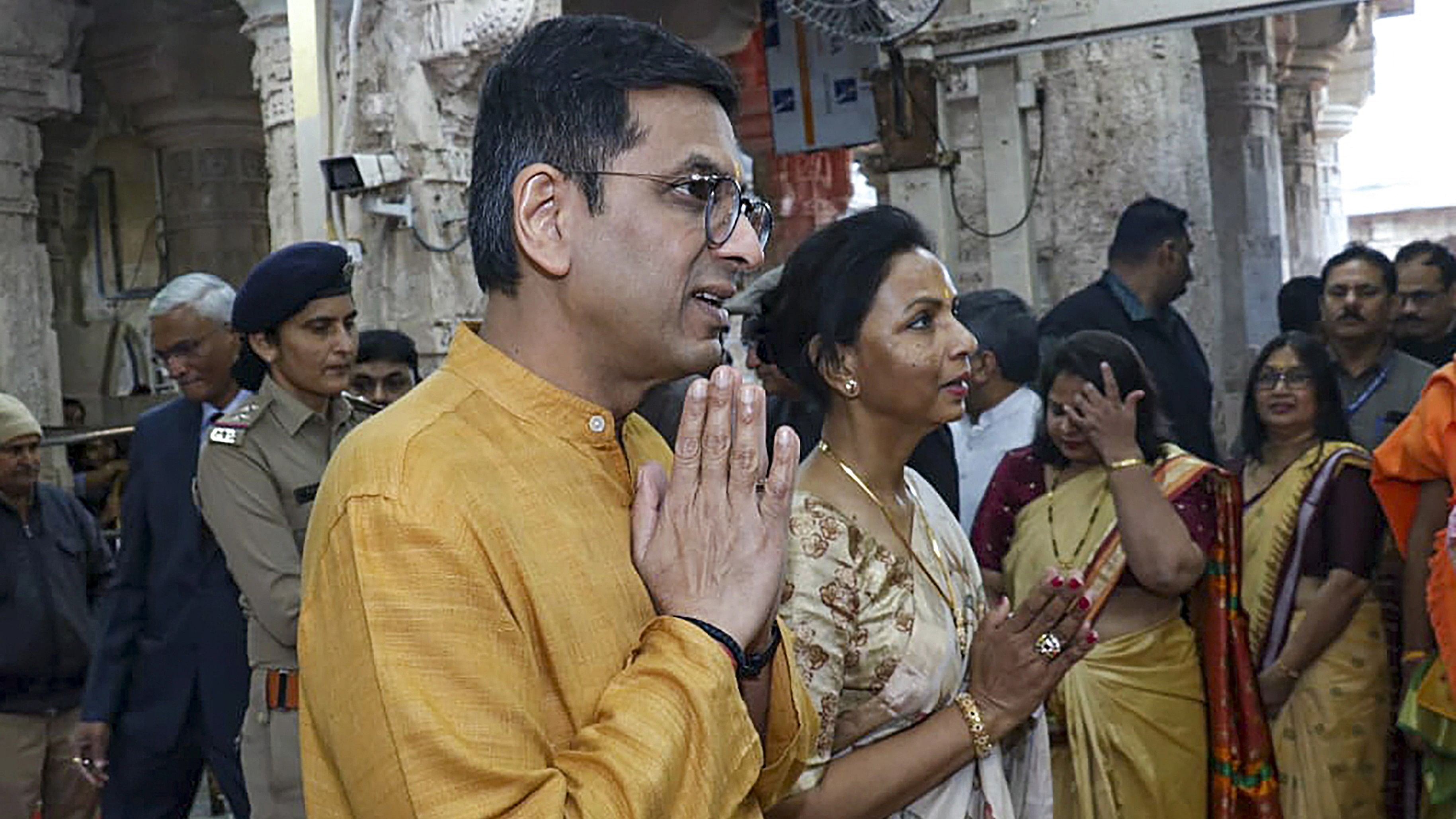 <div class="paragraphs"><p>Chief Justice of India D Y Chandrachud with family at a temple.&nbsp;</p></div>