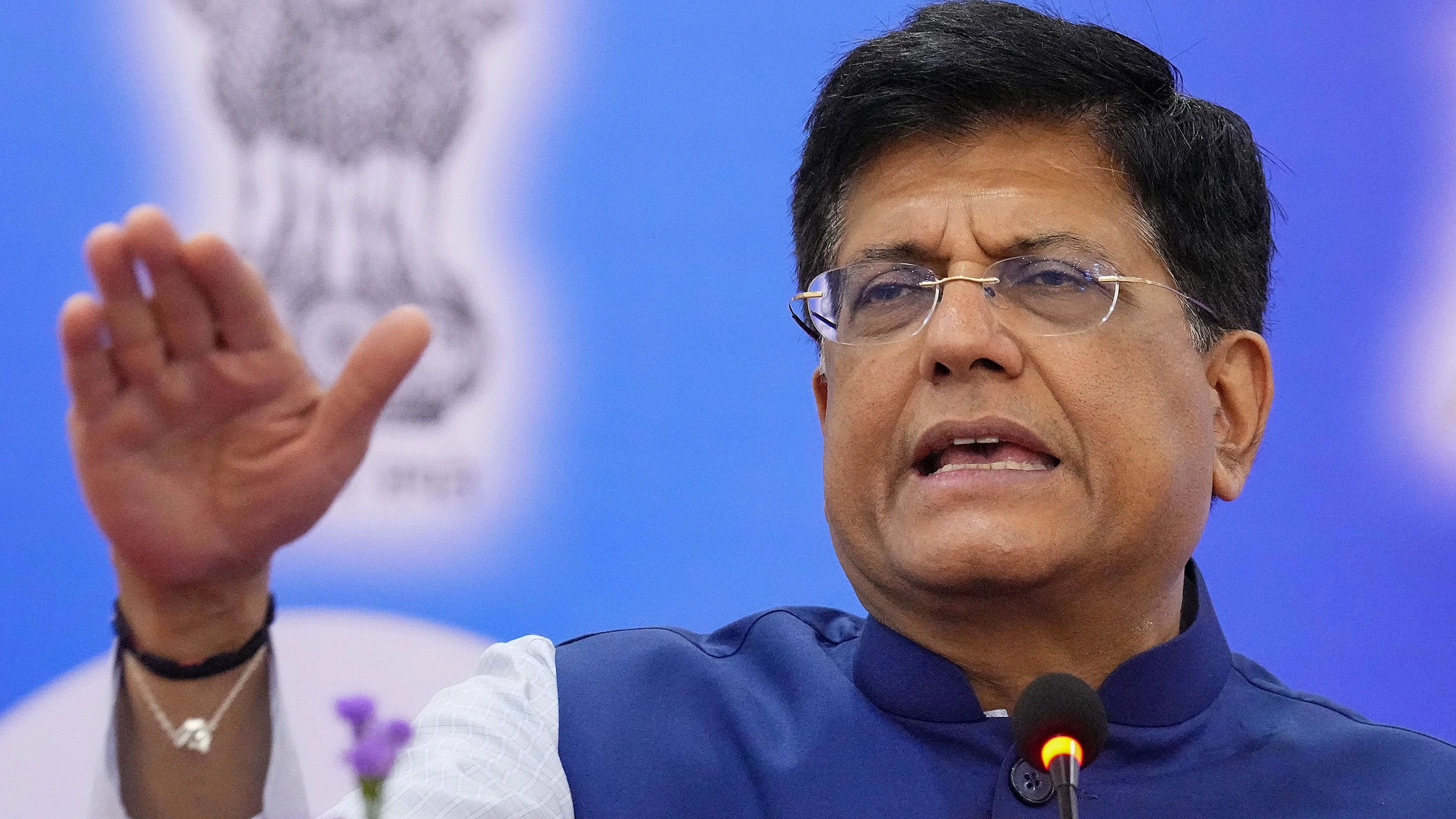 <div class="paragraphs"><p>Union Minister for Commerce and Industry Piyush Goyal speaks during the Viksit Bharat Sankalp Yatra event, in Chennai, Tuesday, Jan 9, 2024.</p></div>