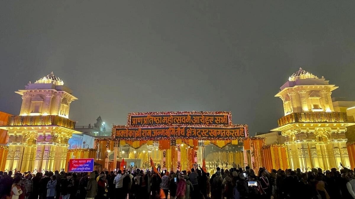 <div class="paragraphs"><p>Decoration at the ceremonial gateway leading to the newly-built Ram Temple on the eve of its 'Pran Pratishtha' ceremony, in Ayodhya, Sunday, Jan. 21, 2024.</p></div>