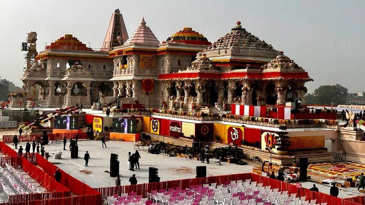 <div class="paragraphs"><p>Ram temple being decorated with flowers on the eve of its consecration ceremony, in Ayodhya, Uttar Pradesh.&nbsp;</p></div>