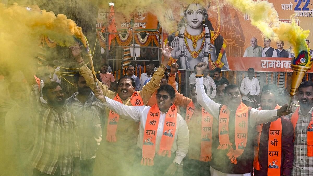 <div class="paragraphs"><p>Supporters of the Bharatiya Janata Party celebrate to mark the ‘Pran Pratishtha’ ceremony of Ayodhya's Ram Temple, in Mumbai</p></div>