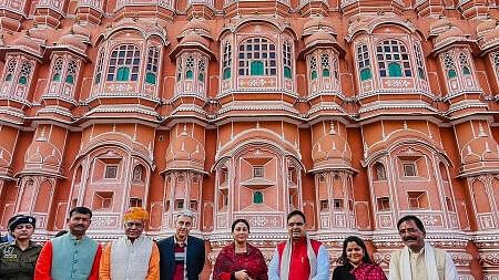 <div class="paragraphs"><p>Rajasthan Dy CM Diya Kumari with others at Hawa Mahal to inspect preparations ahead of French President's visit, in Jaipur, Wednesday, Jan. 24, 2024.</p></div>