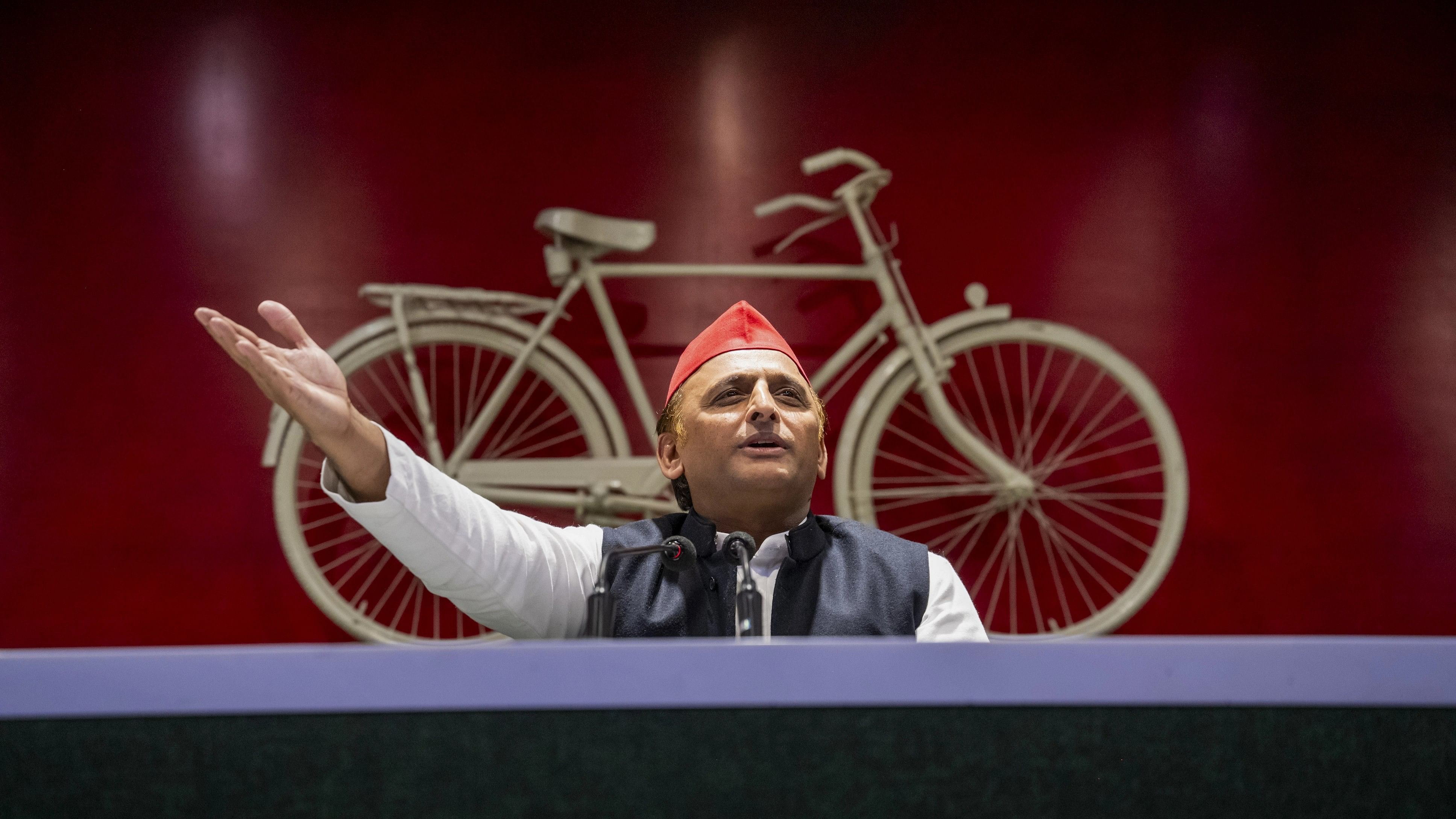 <div class="paragraphs"><p>Samajwadi Party National President Akhilesh Yadav addresses the meeting of all the district and metropolitan presidents of Samajwadi Party, at the party office in Lucknow, Monday, Jan. 8, 2024. </p></div>