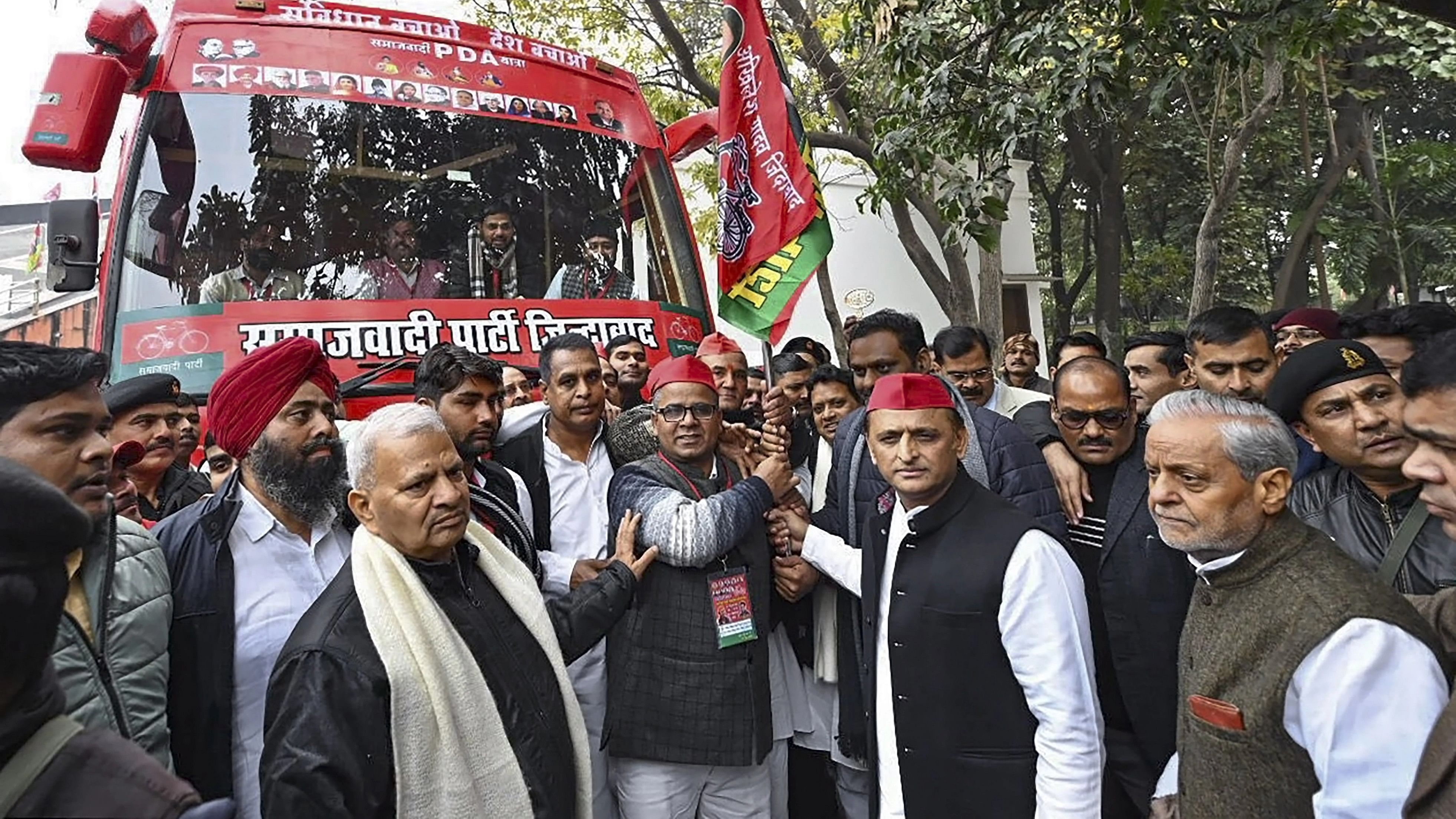 <div class="paragraphs"><p> Samajwadi Party Chief Akhilesh Yadav flags off the party's PDA Yatra, in Lucknow, Thursday, Jan. 18, 2024. </p></div>