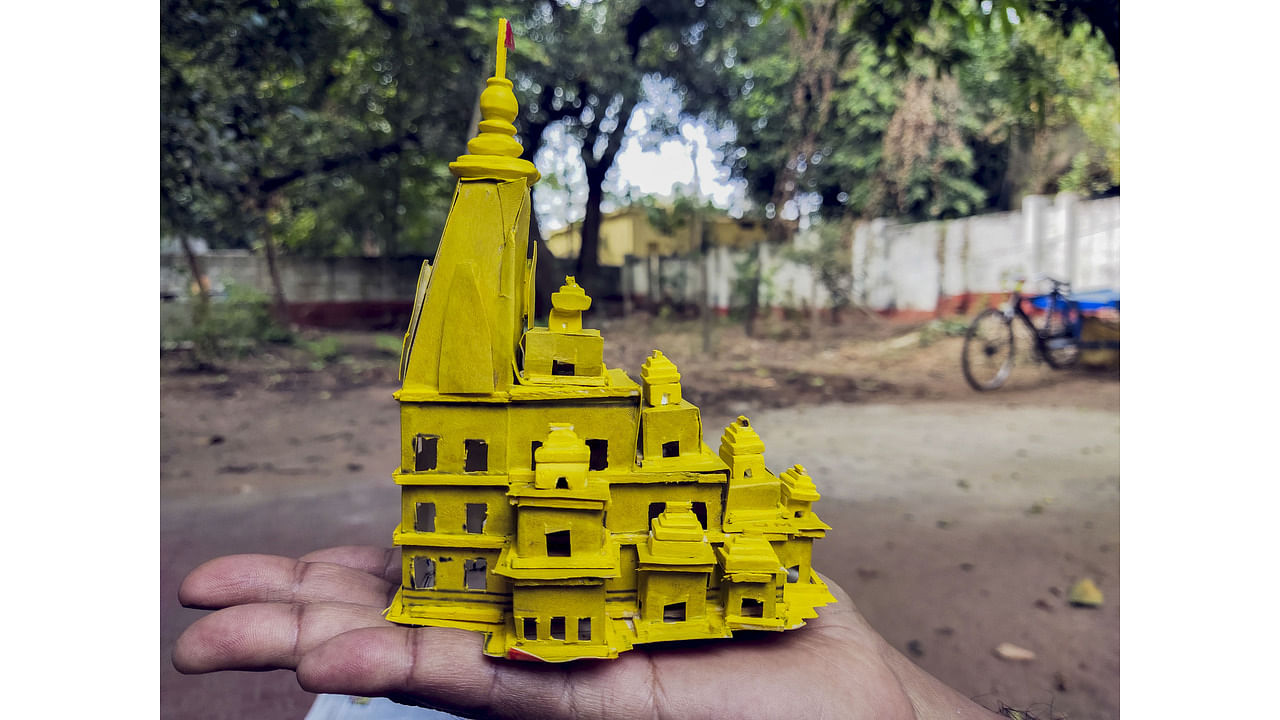 <div class="paragraphs"><p>A model of Ayodhya's Ram temple made by artist L Eshwar Rao using paper, chalk and match sticks, ahead of Ram temple consecration ceremony. </p></div>