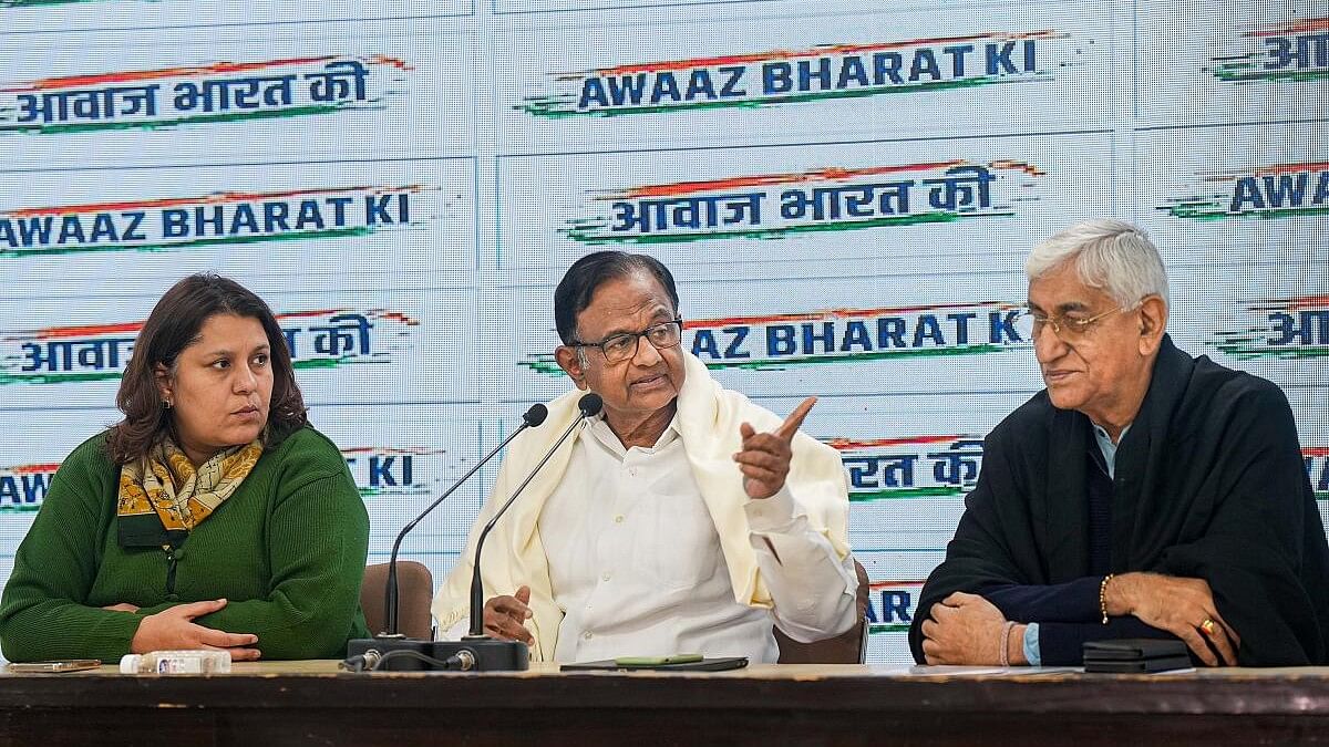 <div class="paragraphs"><p>Congress leaders P. Chidambaram , T S Singh Deo and Supriya Shrinate address a press conference at AICC headquarters, in New Delhi, Wednesday, January 17, 2024.</p></div>