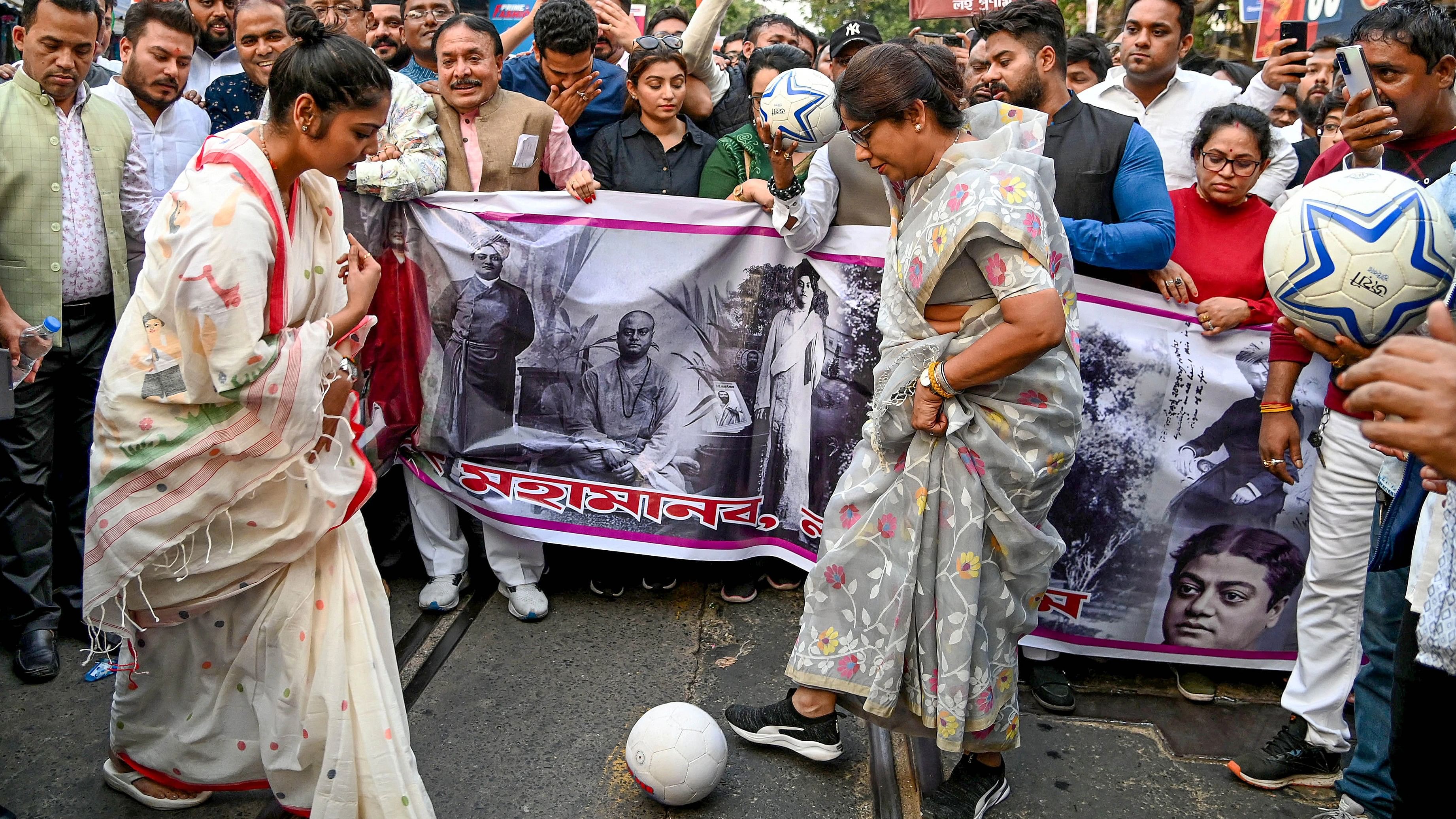 <div class="paragraphs"><p>Shashi Panja (right) with Trinamool Congress party leaders during a recent protest rally in Kolkata.</p></div>