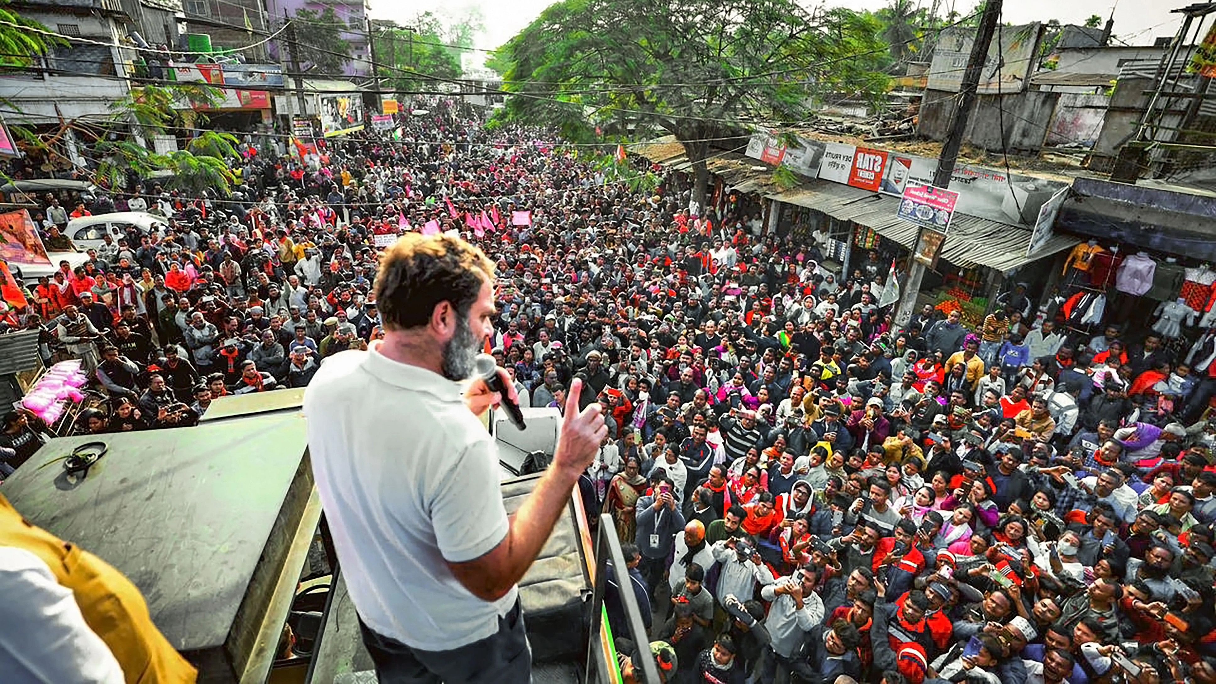 <div class="paragraphs"><p> Congress leader Rahul Gandhi addresses a public meeting during the Bharat Jodo Nyay Yatra</p></div>