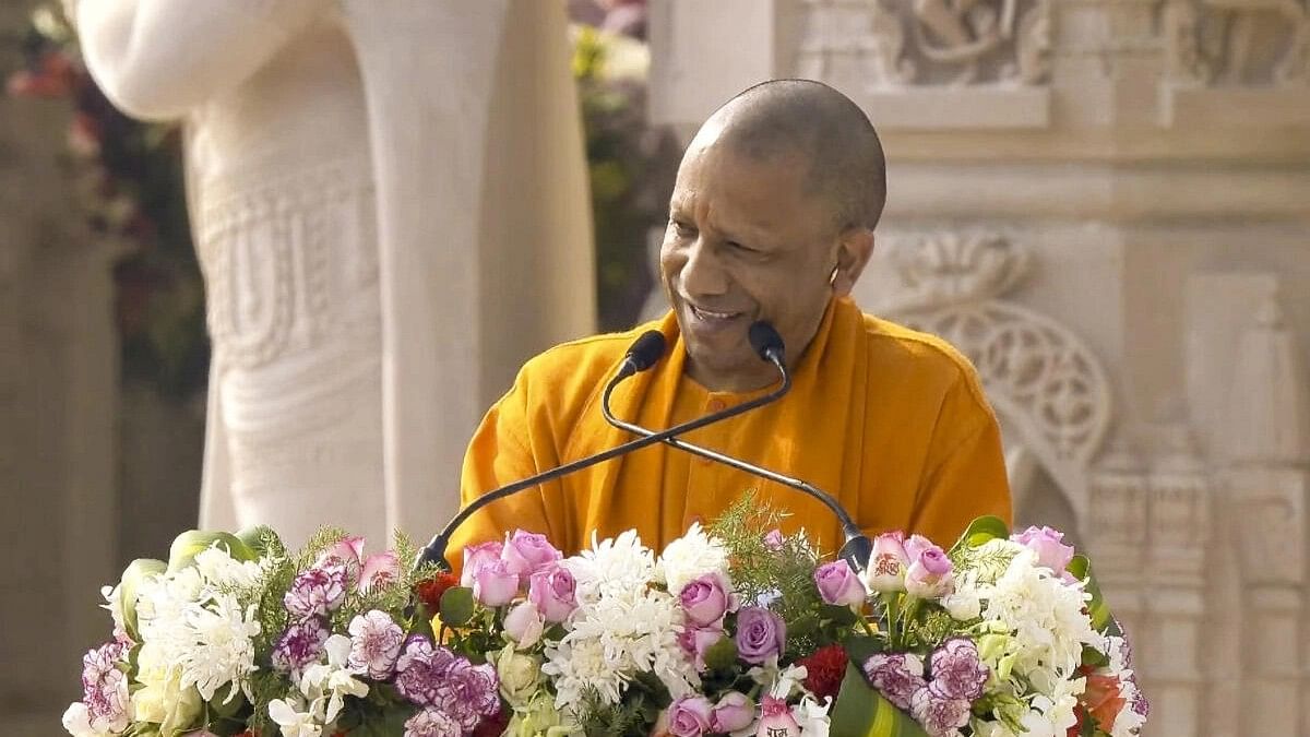 <div class="paragraphs"><p>Uttar Pradesh Chief Minister Yogi Adityanath addresses a gathering after the 'Pran Pratishtha' ceremony at the Ram Mandir, in Ayodhya, Monday, Jan. 22, 2024. </p></div>