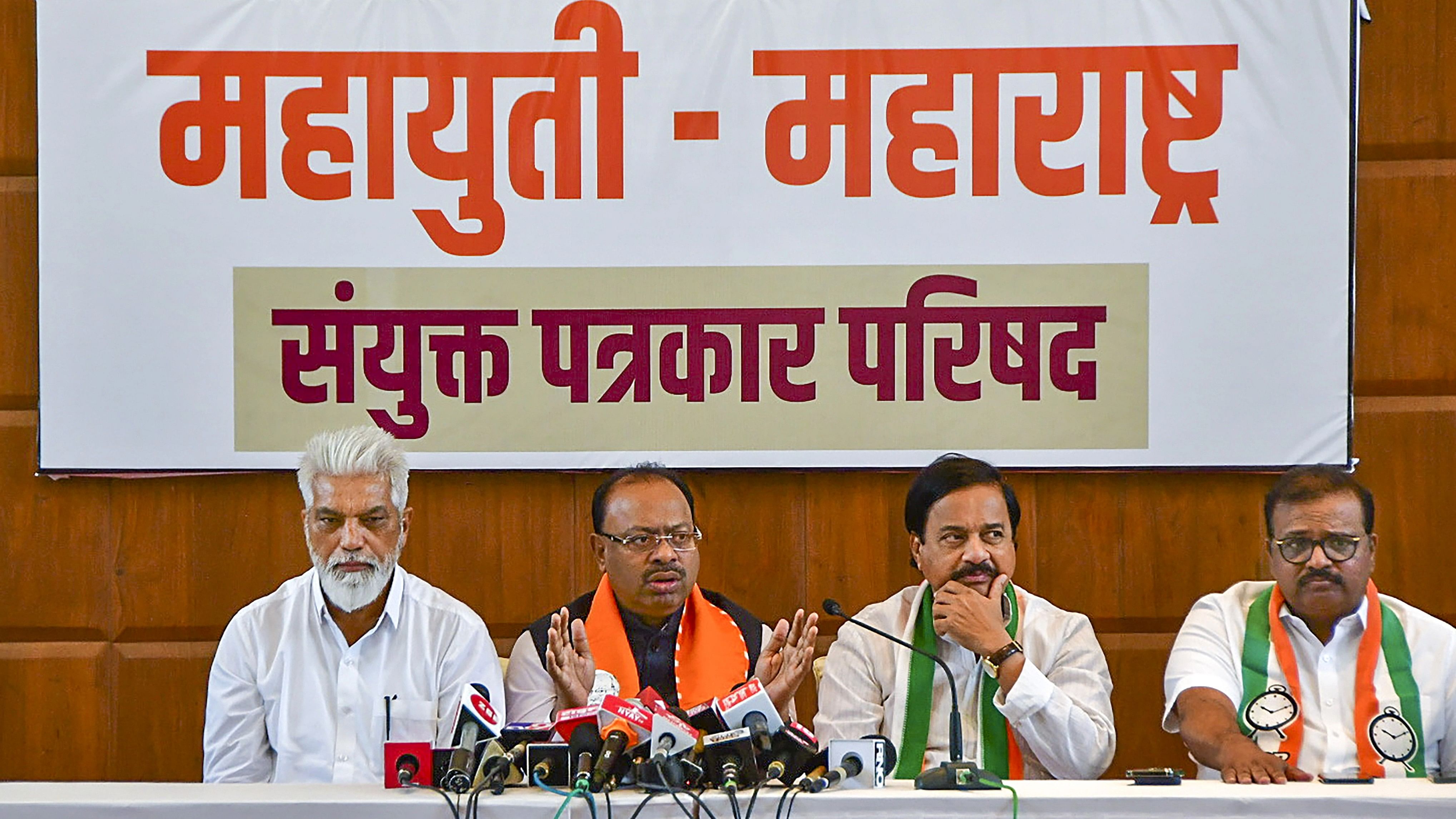 Mumbai: Maharashtra BJP President Chandrasekhar Bawankule, NCP State President Sunil Tatkare and Shiv Sena leader Dada Bhuse address the media, in Mumbai, Wednesday, Jan. 2024. (PTI Photo) (PTI01_03_2024_000108B)