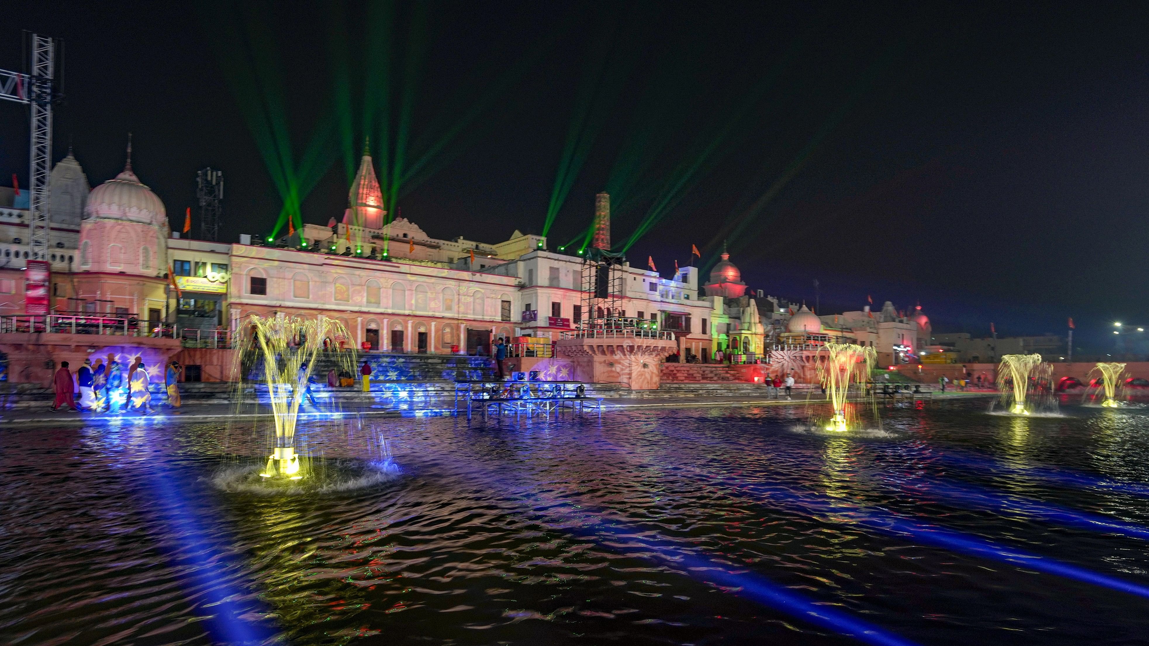 <div class="paragraphs"><p>The illuminated area at Saryu Ghat, in preperation ahead of the consecration ceremony of Ram Mandir, in Ayodhya.</p></div>