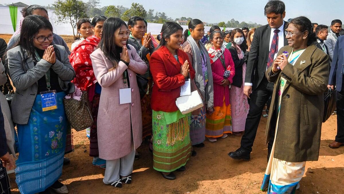 <div class="paragraphs"><p>President Droupadi Murmu interacts with members of self-help groups at Baljek Airport, in Tura, Meghalaya.&nbsp;</p></div>