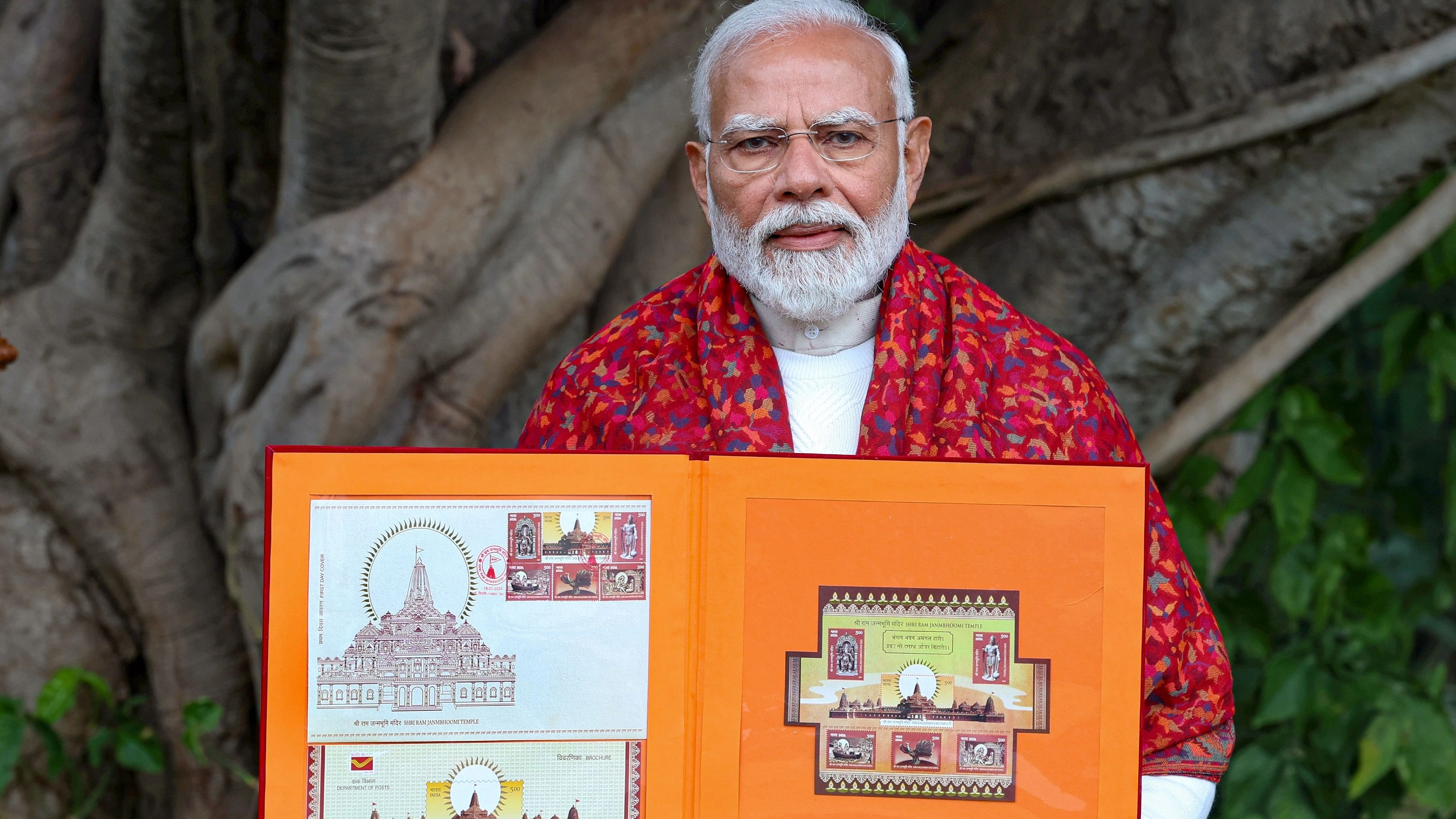 <div class="paragraphs"><p>Prime Minister Narendra Modi releases commemorative postage stamps on Shri Ram Janmabhoomi Temple and a book of stamps issued on Lord Ram around the world, in New Delhi, Thursday, January 18, 2024. </p></div>