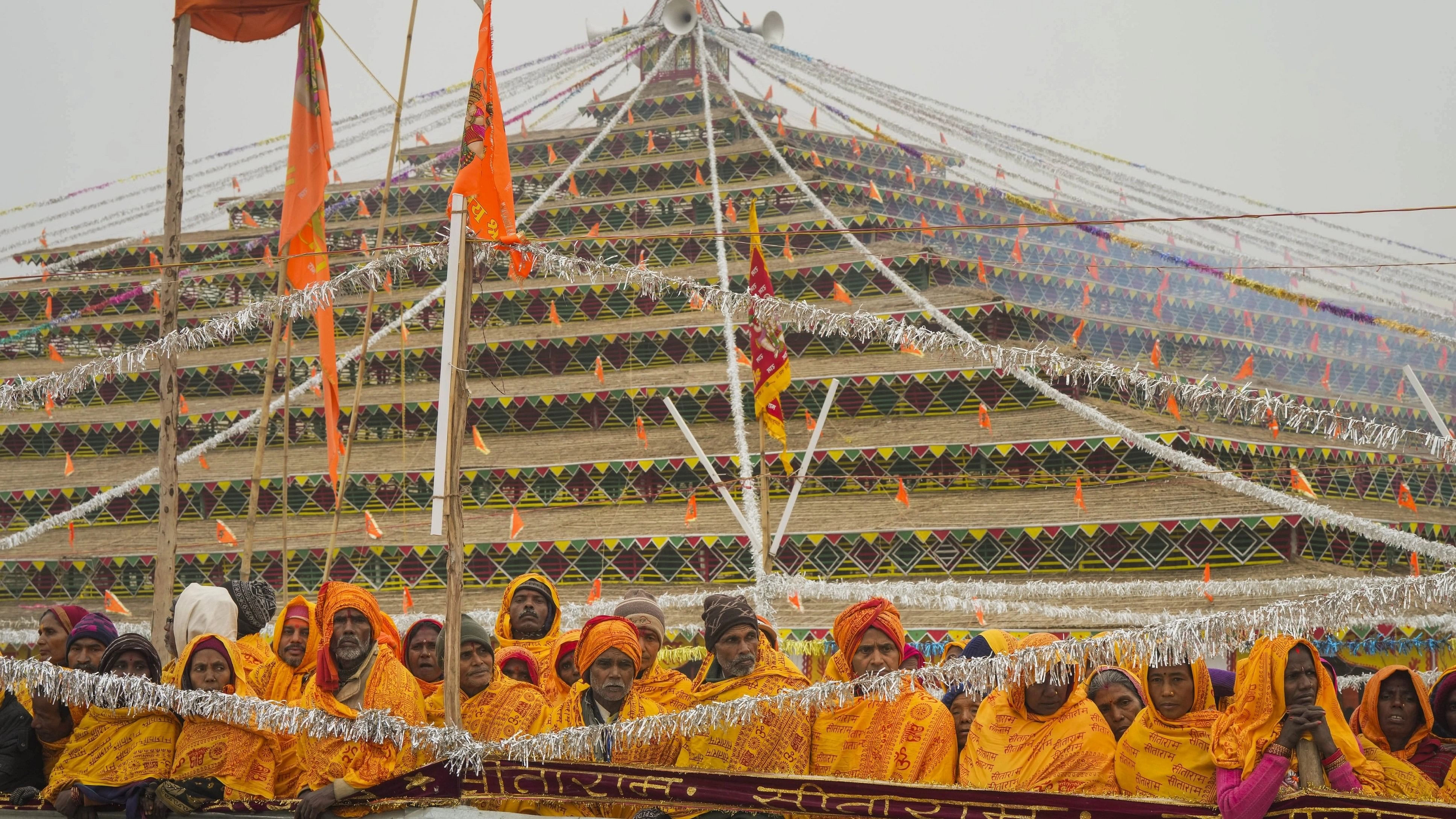 <div class="paragraphs"><p>Devotees from Nepal wait for the arrival of UP CM Yogi Adityanath at their camp, ahead of the consecration ceremony of the Ram Mandir, in Ayodhya, Friday, January 19, 2024.</p></div>