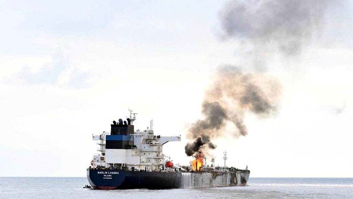 <div class="paragraphs"><p>Smoke rises from Marlin Luanda, merchant vessel, after the vessel was struck by a Houthi anti-ship missile, at the location given as Gulf of Aden.&nbsp;</p></div>