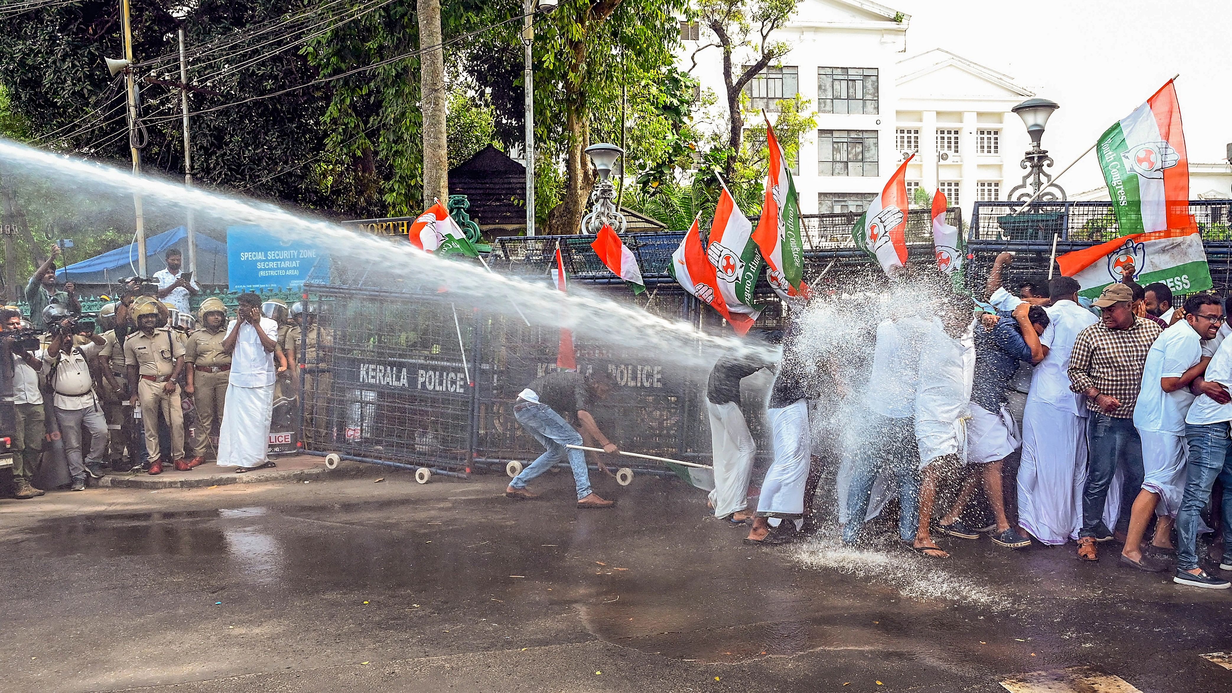 <div class="paragraphs"><p> Security personnel use water cannon to disperse Youth Congress activists during their protest against the arrest of Kerala Youth Congress President Rahul Mamkootathil, in Thiruvananthapuram, Wednesday, Jan. 10, 2024. </p></div>