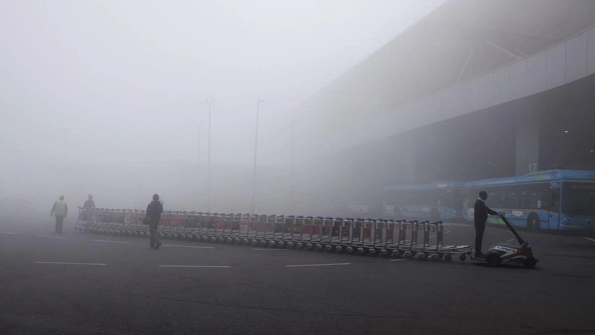 <div class="paragraphs"><p>A man wheels the trolleys to the arrival section amidst heavy fog at the Indira Gandhi International Airport in New Delhi.</p></div>