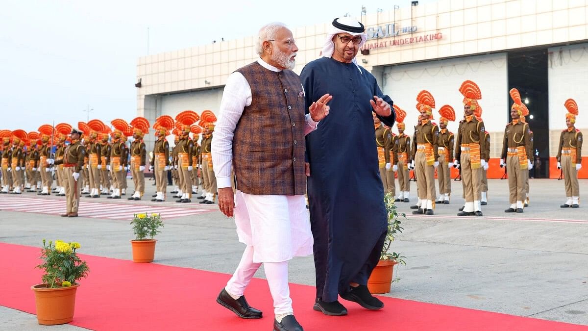 <div class="paragraphs"><p>Prime Minister Narendra Modi receives&nbsp;UAE President&nbsp;Mohamed bin Zayed Al Nahyan at Ahmedabad airport.</p></div>