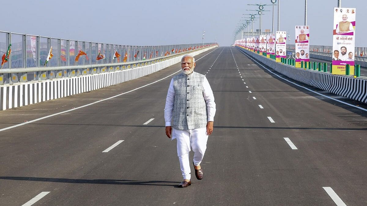 <div class="paragraphs"><p>Prime Minister Narendra Modi at the newly-inaugurated Atal Bihari Vajpayee Sewri-Nhava Sheva Atal Setu, on Friday, Jan. 12, 2024.</p></div>