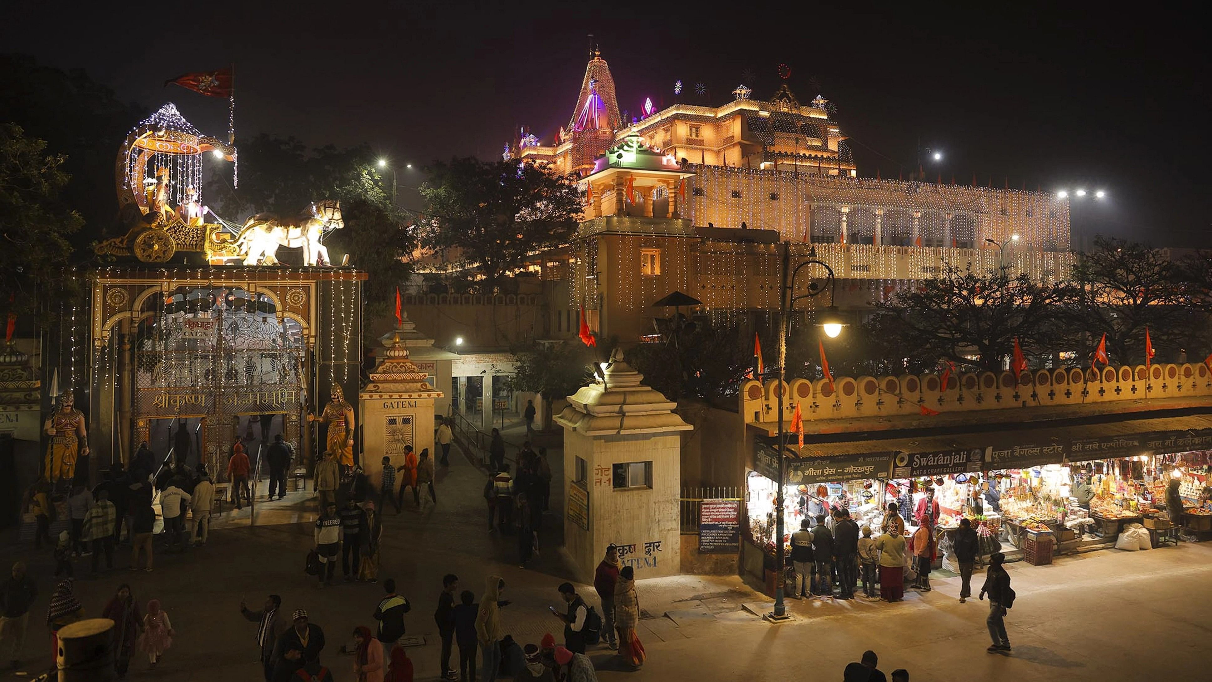 <div class="paragraphs"><p>Lighting at Krishna Janmasthan Temple on the eve of the consecration ceremony of Ayodhya's Ram Mandir, in Mathura, Sunday, Jan. 21, 2024. </p></div>