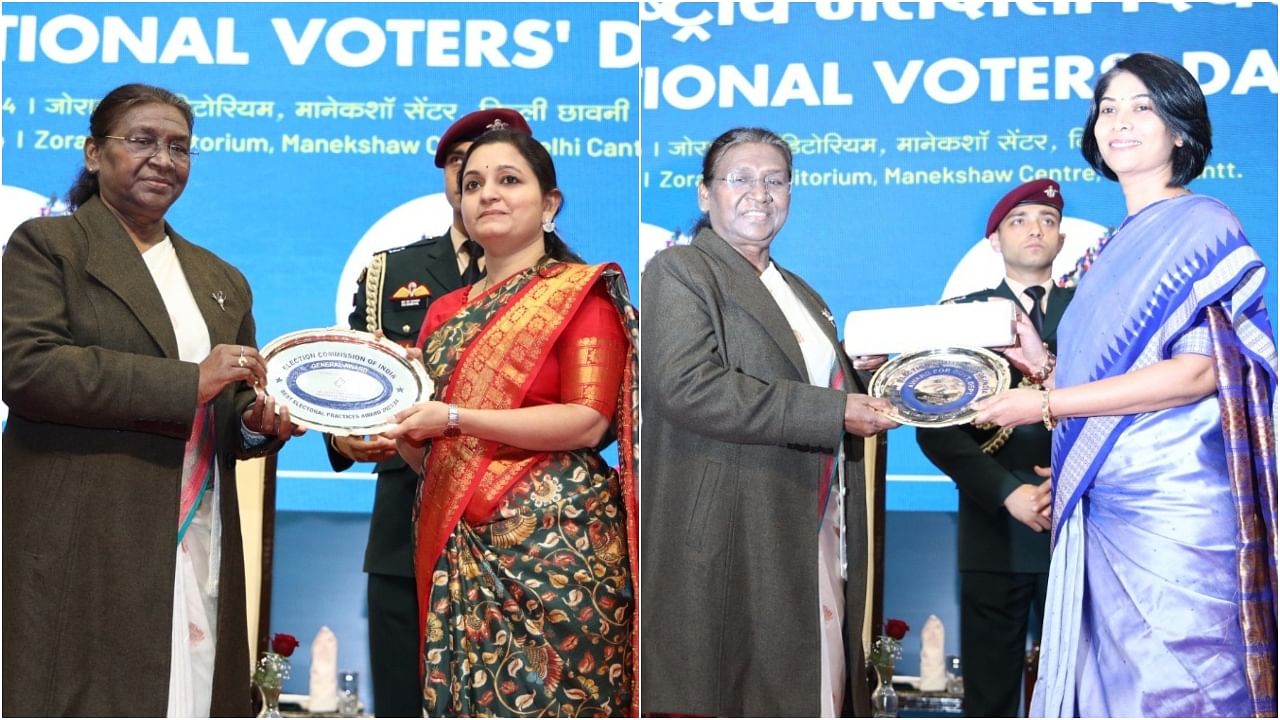 <div class="paragraphs"><p>Divya Prabhu(L) and&nbsp;Shikha C receiving the award from President Murmu.&nbsp;</p></div>