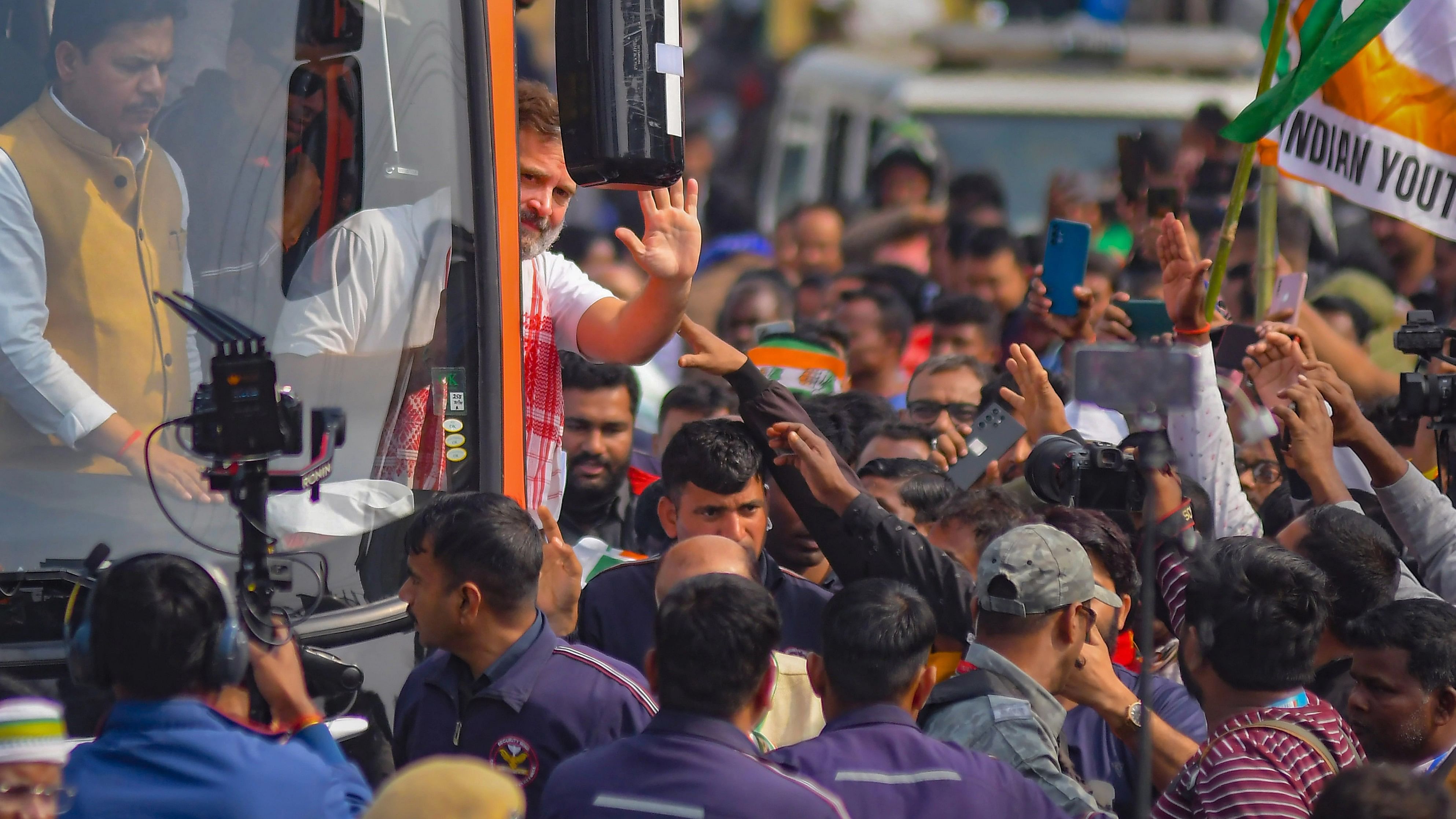 <div class="paragraphs"><p>Biswanath: Congress leader Rahul Gandhi waves at supporters during 'Bharat Jodo Nyay Yatra', in Biswanath district, Assam</p></div>