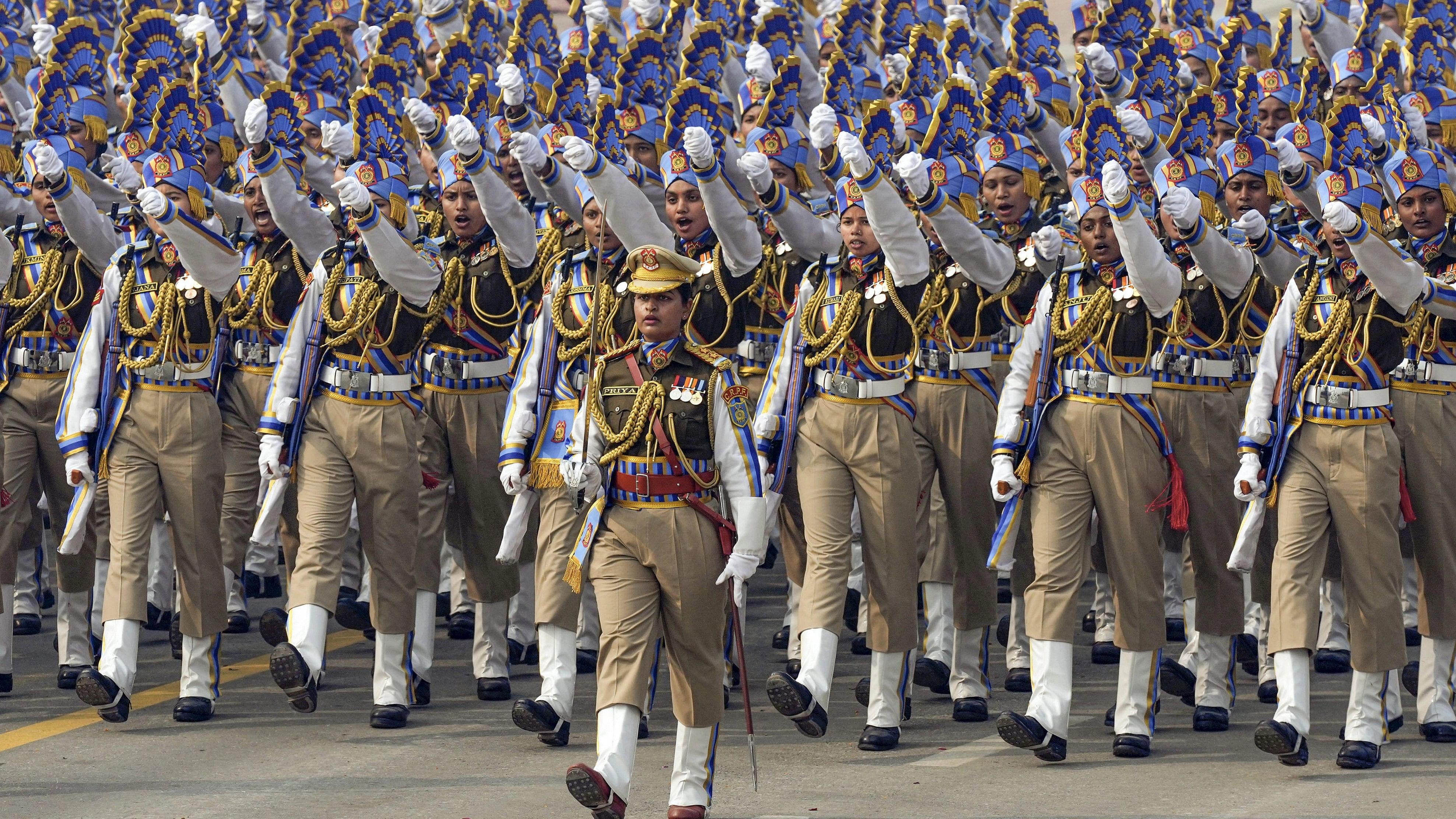 <div class="paragraphs"><p>Women personnel in a marching contingent of the Central Reserve Police Force (CRPF) during the 75th Republic Day celebrations, at the Kartavya Path in New Delhi, Friday, January 26, 2024.</p></div>