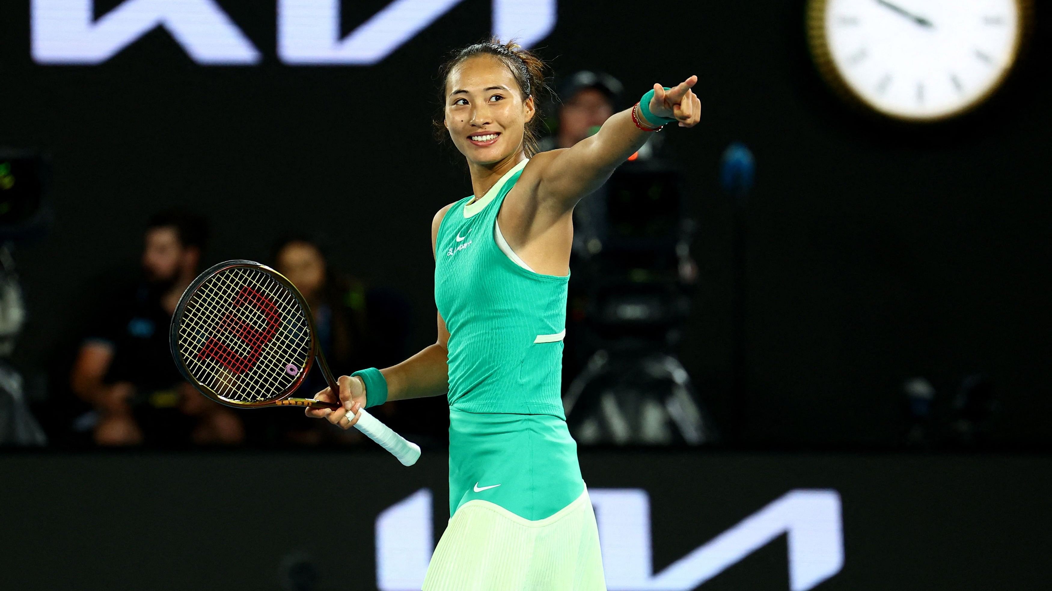 <div class="paragraphs"><p>Qinwen Zheng celebrates after winning her quarter final match against Russia's Anna Kalinskaya, Jan 24, 2024.</p></div>