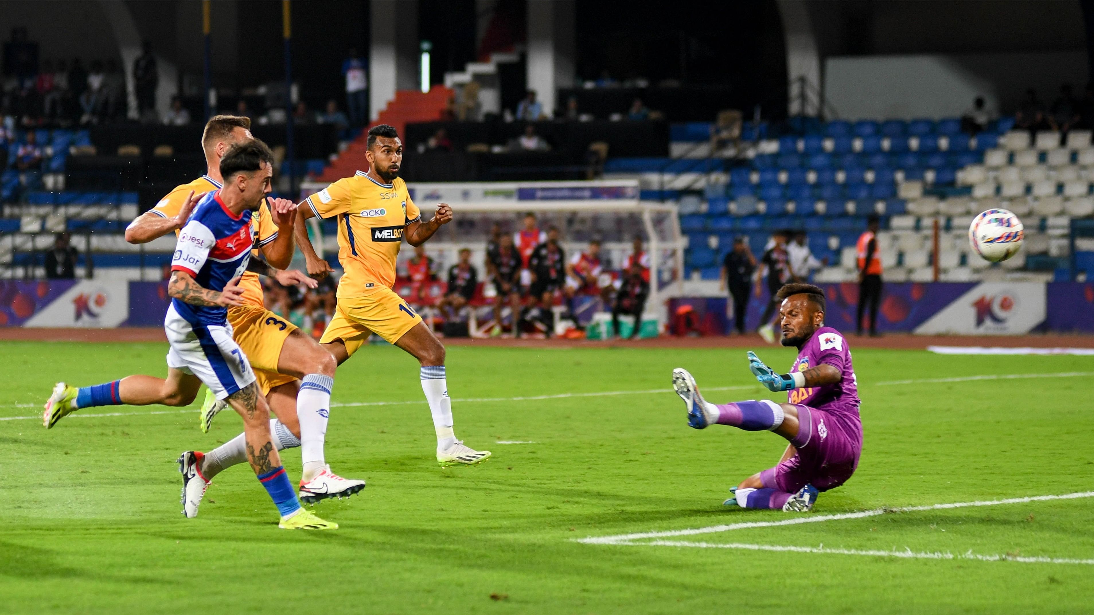 <div class="paragraphs"><p>Ryan Williams (left) scored a goal in the 62nd minute during Bengaluru FC's 1-0 win over Chennaiyin FC at the Sree Kanteerava Stadium in Bengaluru on Wednesday. </p></div>