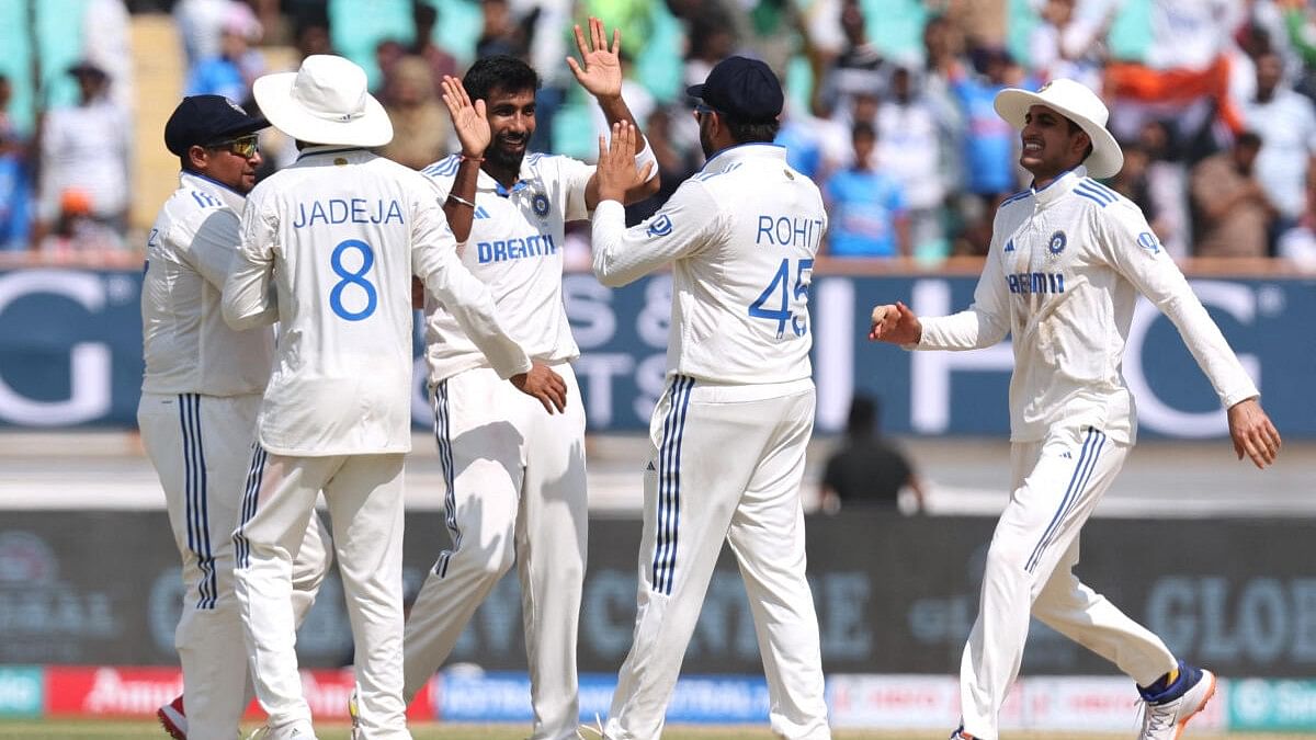 <div class="paragraphs"><p>Indian players celebrate after getting England's Zak Crawley dismissed through a DRS referral.&nbsp;</p></div>