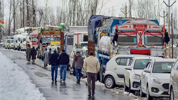 <div class="paragraphs"><p>Vehicles stranded on Jammu-Srinagar national highway after it was closed for traffic following snowfall, in Jammu &amp; Kashmir, Thursday, February 1, 2024.</p></div>