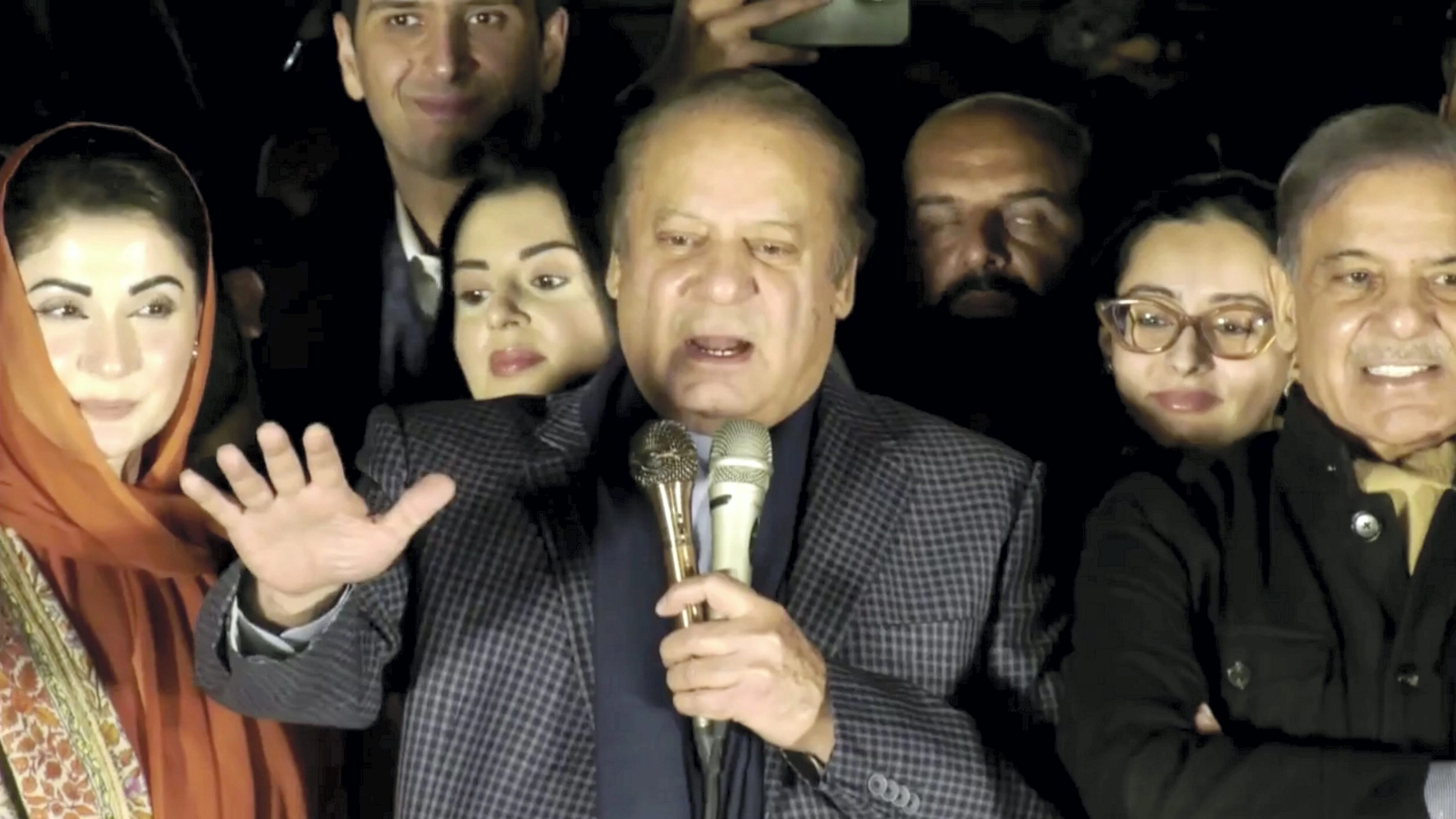 <div class="paragraphs"><p>Former Pakistan prime minister Nawaz Sharif addresses Pakistan Muslim League-Nawaz (PML-N) supporters following the initial results of the country's general elections, in Lahore, Pakistan, Friday, Feb. 9, 2024. </p></div>