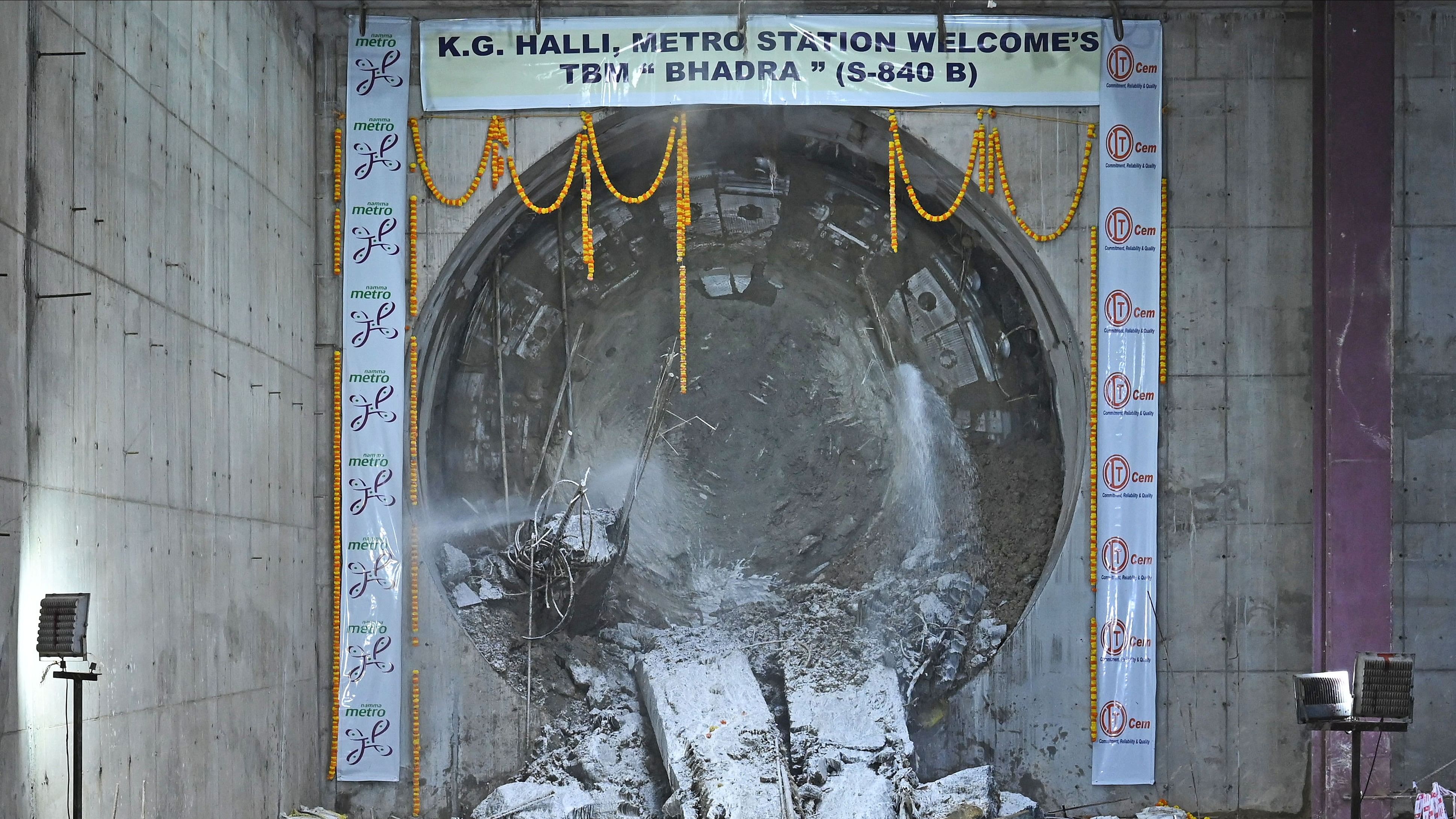 <div class="paragraphs"><p>Tunnel Boring Machine Bhadra emerges out of the Kadugondanahalli (KG Halli) metro station on the Pink Line on Thursday. </p></div>