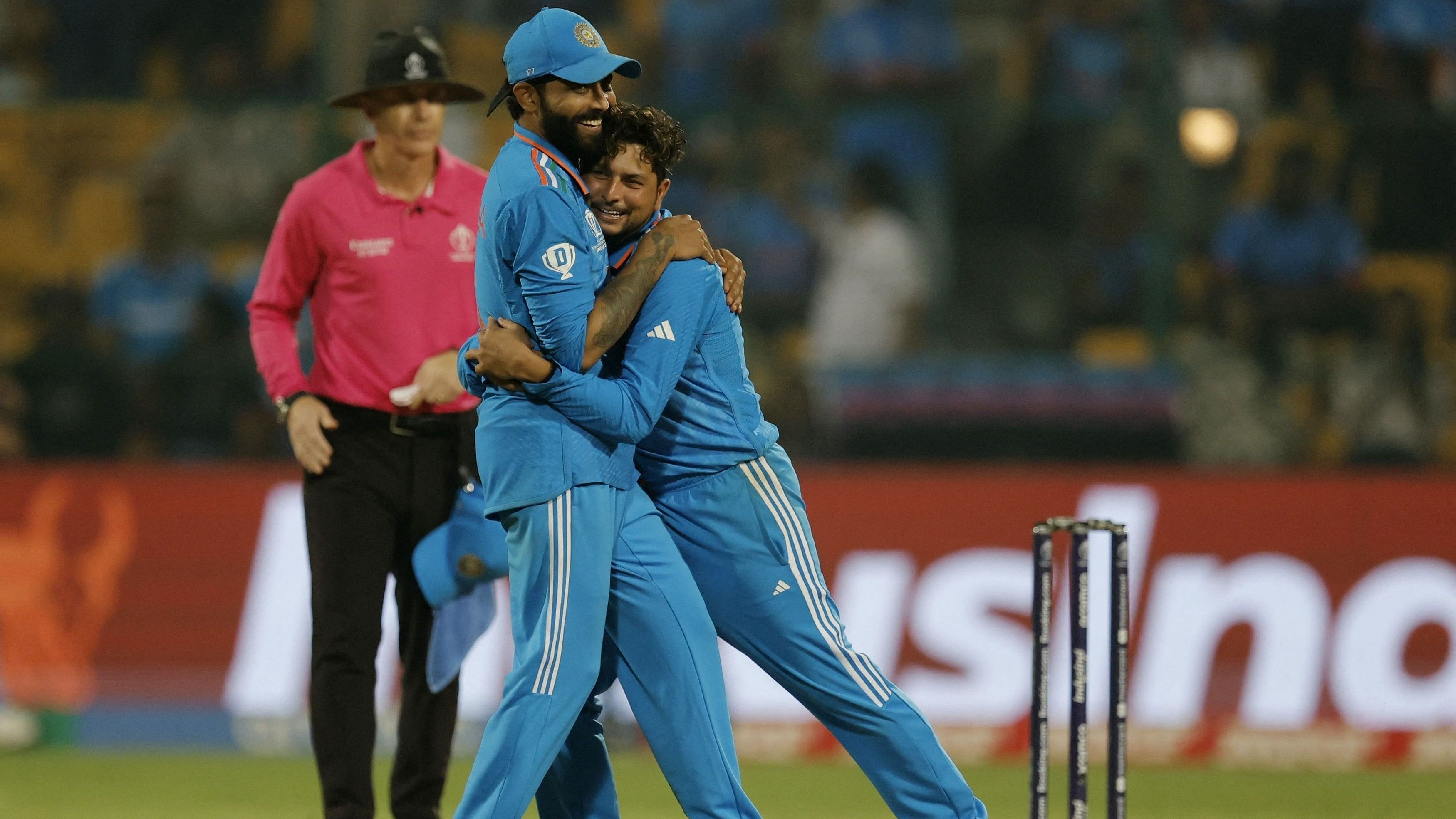 <div class="paragraphs"><p>A file photo of Kuldeep Yadav celebrating with Ravindra Jadeja </p></div>