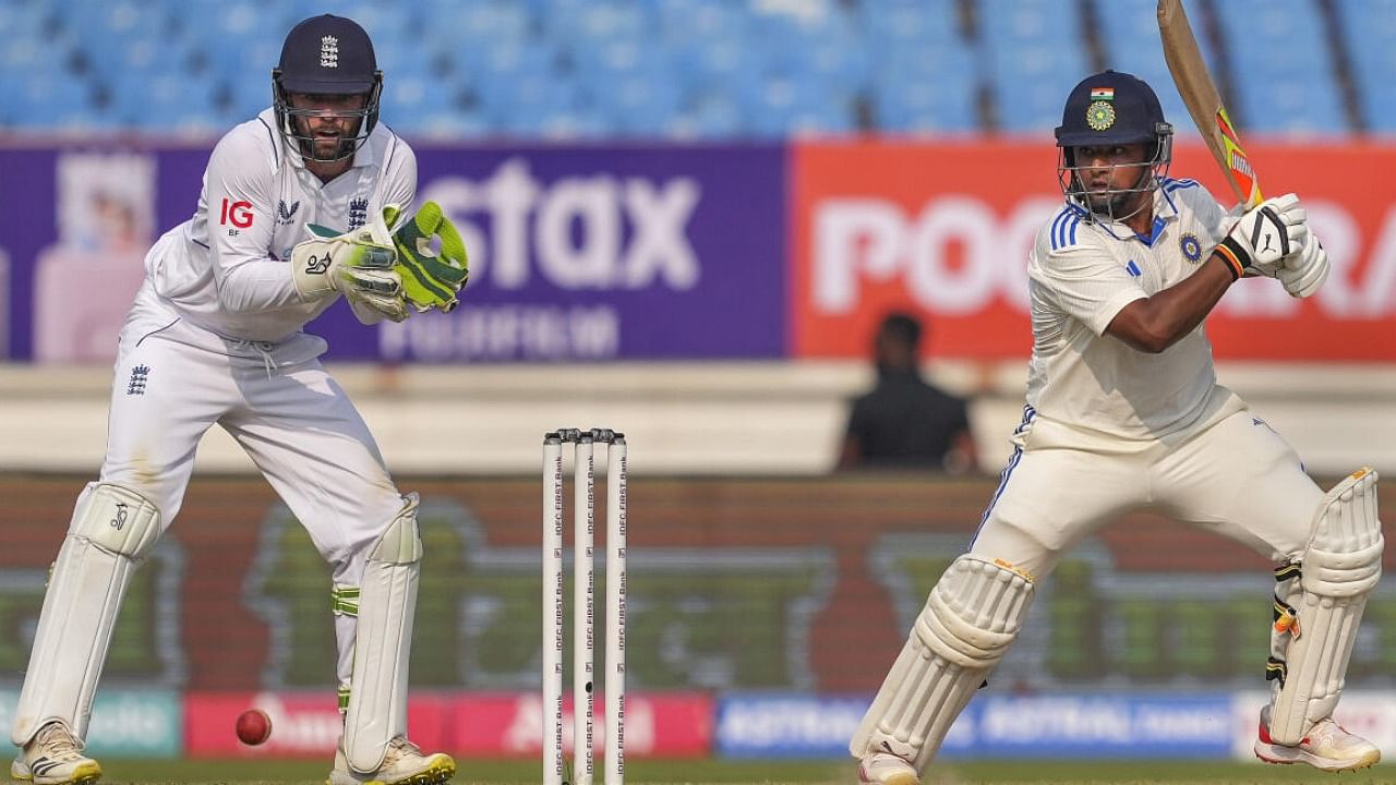 <div class="paragraphs"><p>India's batter Sarfaraz Khan plays a shot during the first day of the third Test cricket match between India and England, at Niranjan Shah Stadium, in Rajkot.&nbsp;</p></div>