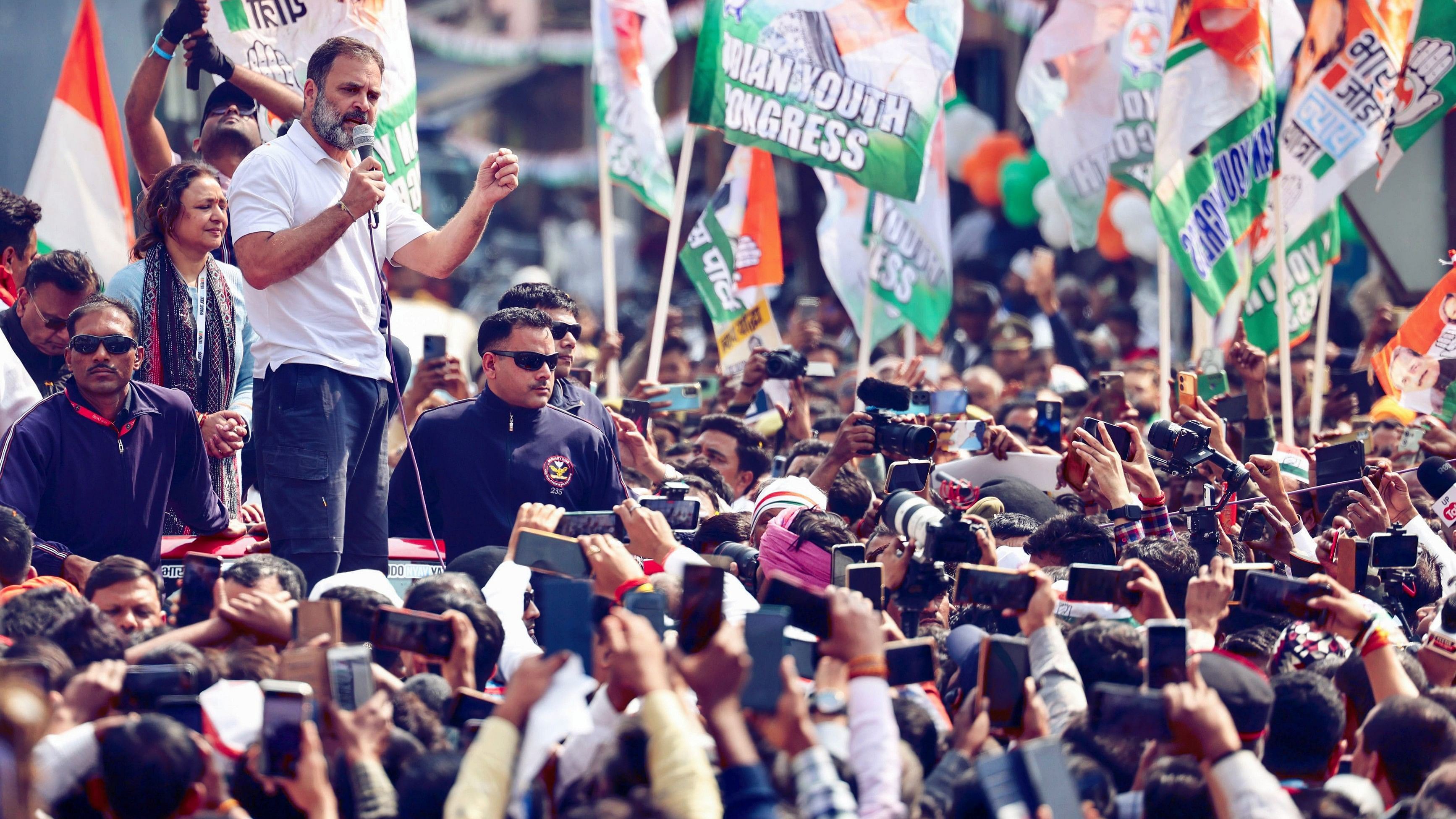 <div class="paragraphs"><p>Congress leader Rahul Gandhi addresses supporters during the Bharat Jodo Nyay Yatra, in Uttar Pradesh's Pratapgarh district, on Monday.</p></div>