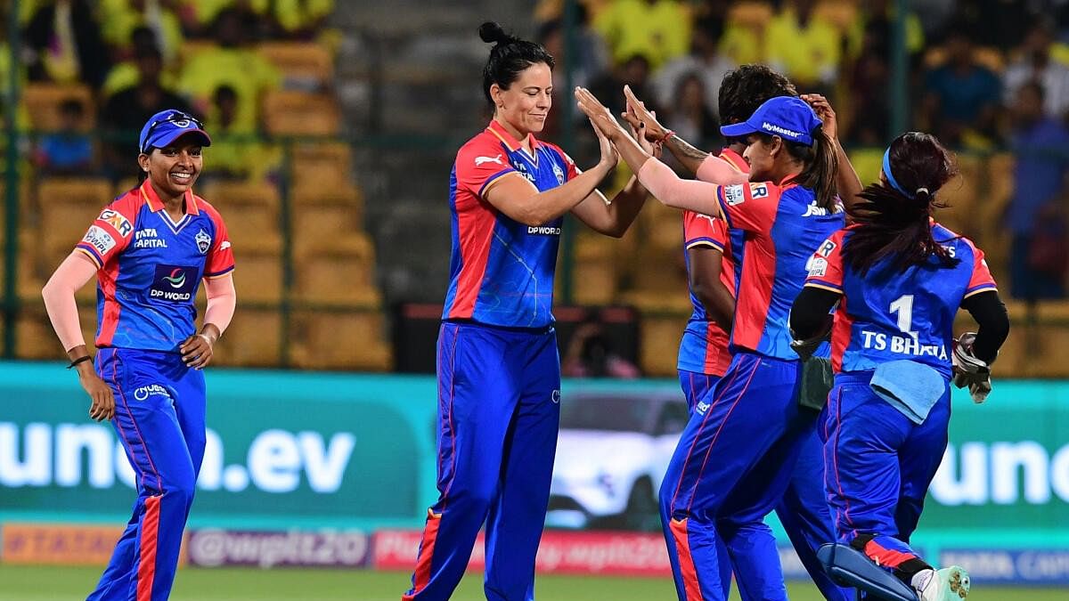 <div class="paragraphs"><p>Mariznne Kapp of Delhi Capitals celebrate after taking UP Warriorz wicket at UP Warriorz vs Delhi Capital at Women Premier League</p></div>